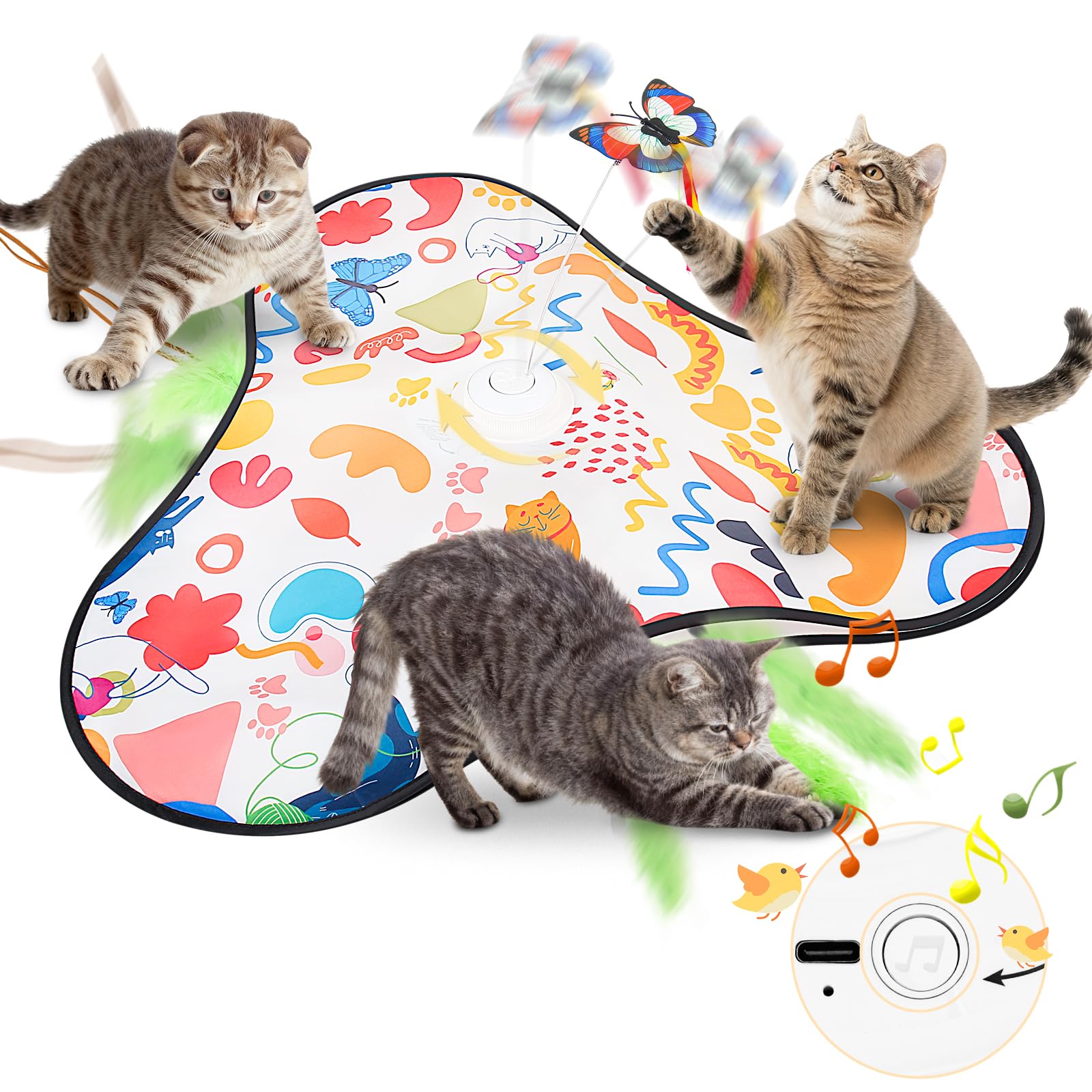 Wagxoey Interaktives Katzenspielzeug mit Geräuschen, Automatisch & Wiederaufladbar, Berührungsaktiviert mit 3 Austauschbaren Federn, Intelligentes Spielzeug für Katzen jeden Alters