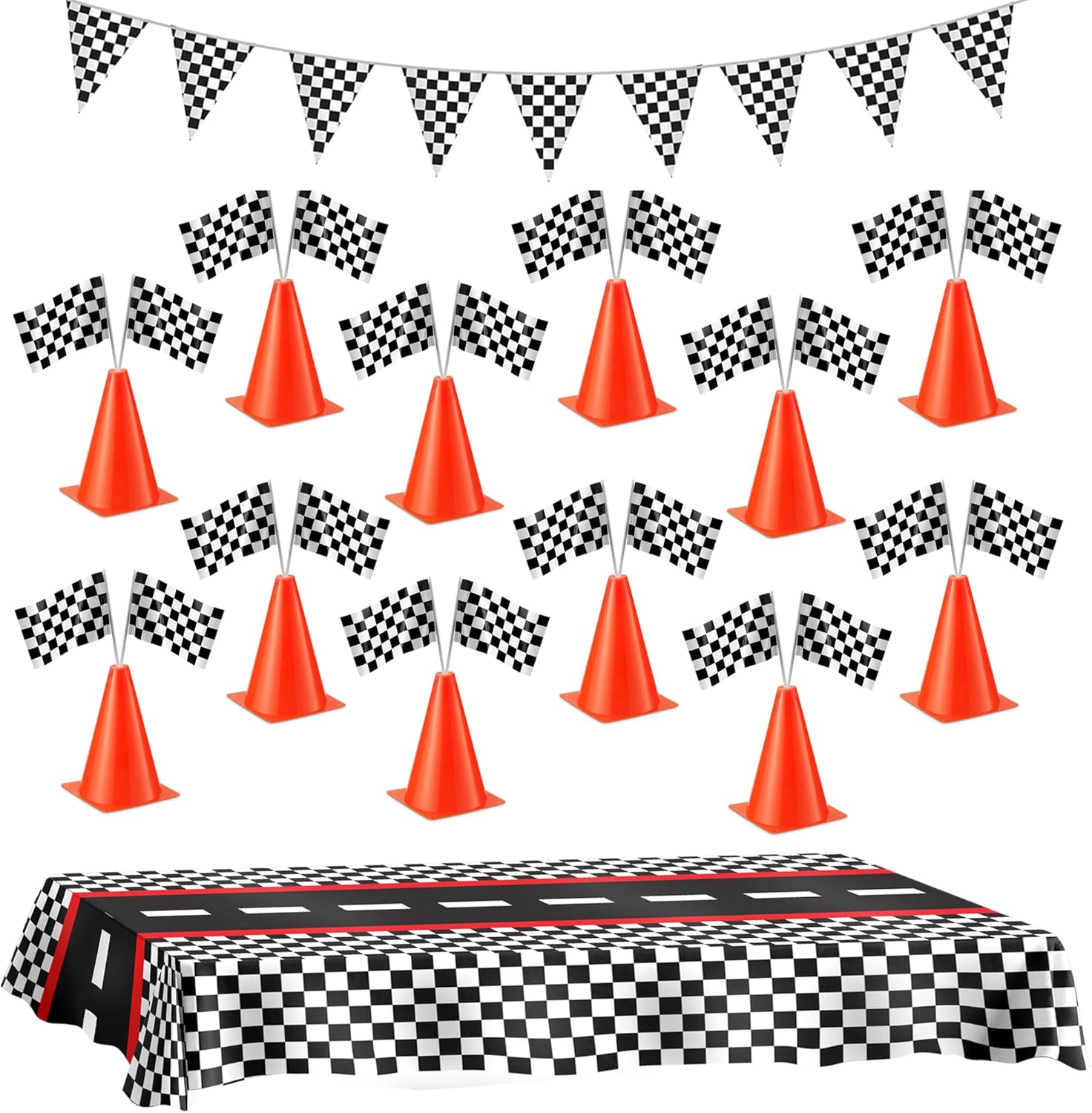 Racing Cars Birthday Decorations - Racecar Centerpiece Decoration Kit for Kids - (12) Orange Traffic Cones, (24) Checkered Flags, Plastic Tablecloth (54"x108") Birthday Banner Race Car Theme (38pcs) Cones, Flags, Banner, Tablecloth