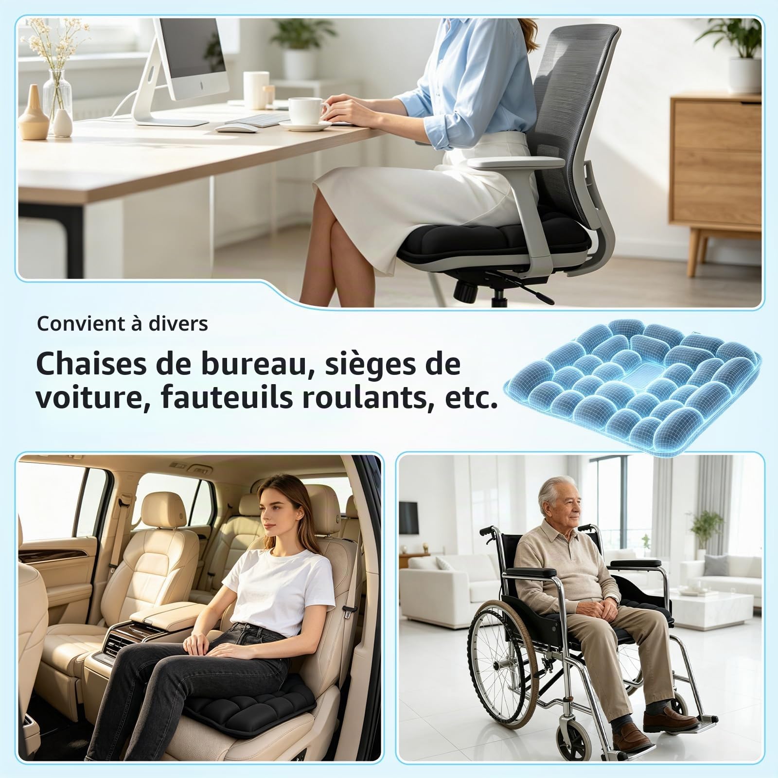 3D Coussin Antiescarres Gonflable – Coussin Coccyx Ergonomique pour Soulager Douleurs Dorsales & Hémorroïdes – Siège Auto Gonflable pour Bureau, Fauteuil Roulant, Voyage – Noir (45x40cm)
