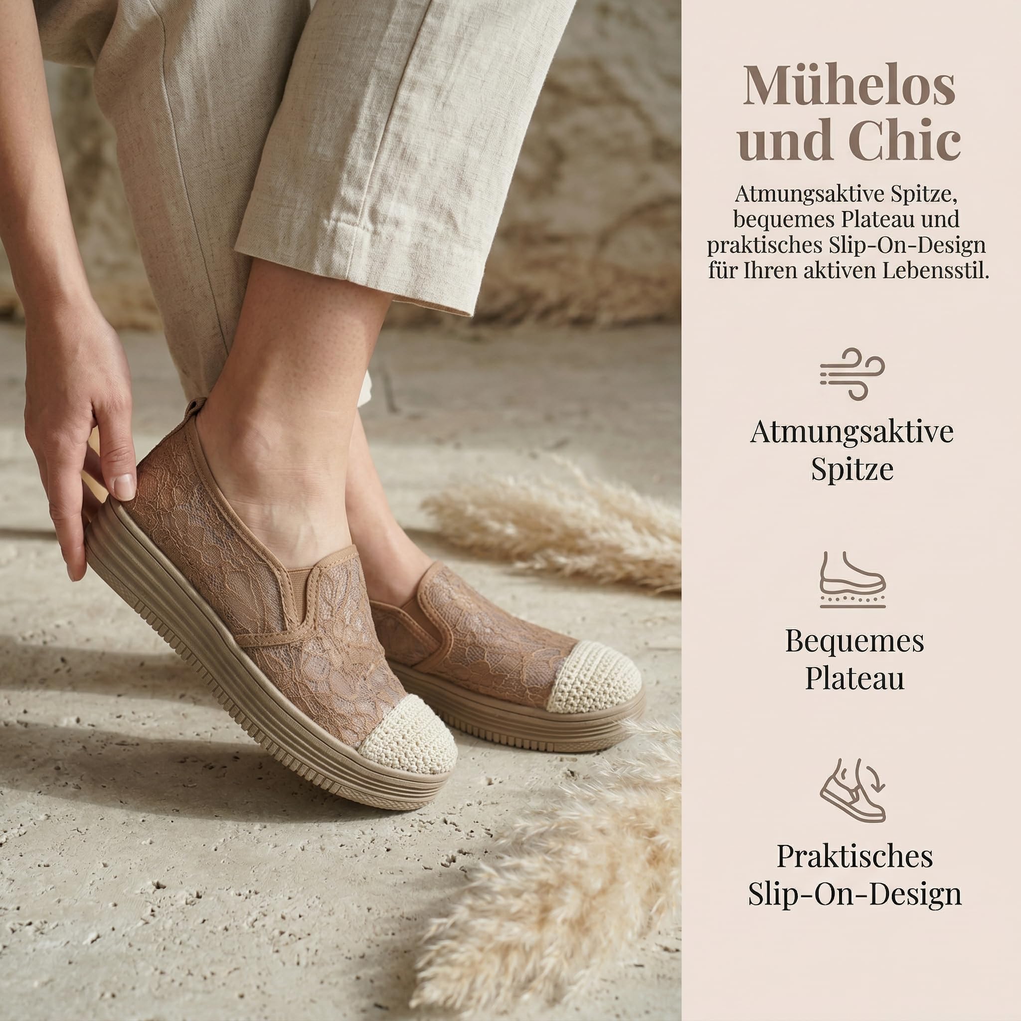 GLAMORA Damen Mokassin Spitze Slipper Espadrilles Plateau Atmungsaktiv Sommer Schuhe Leicht Bequem Slip On Halbschuhe Flach Komfort Flexible Sohle