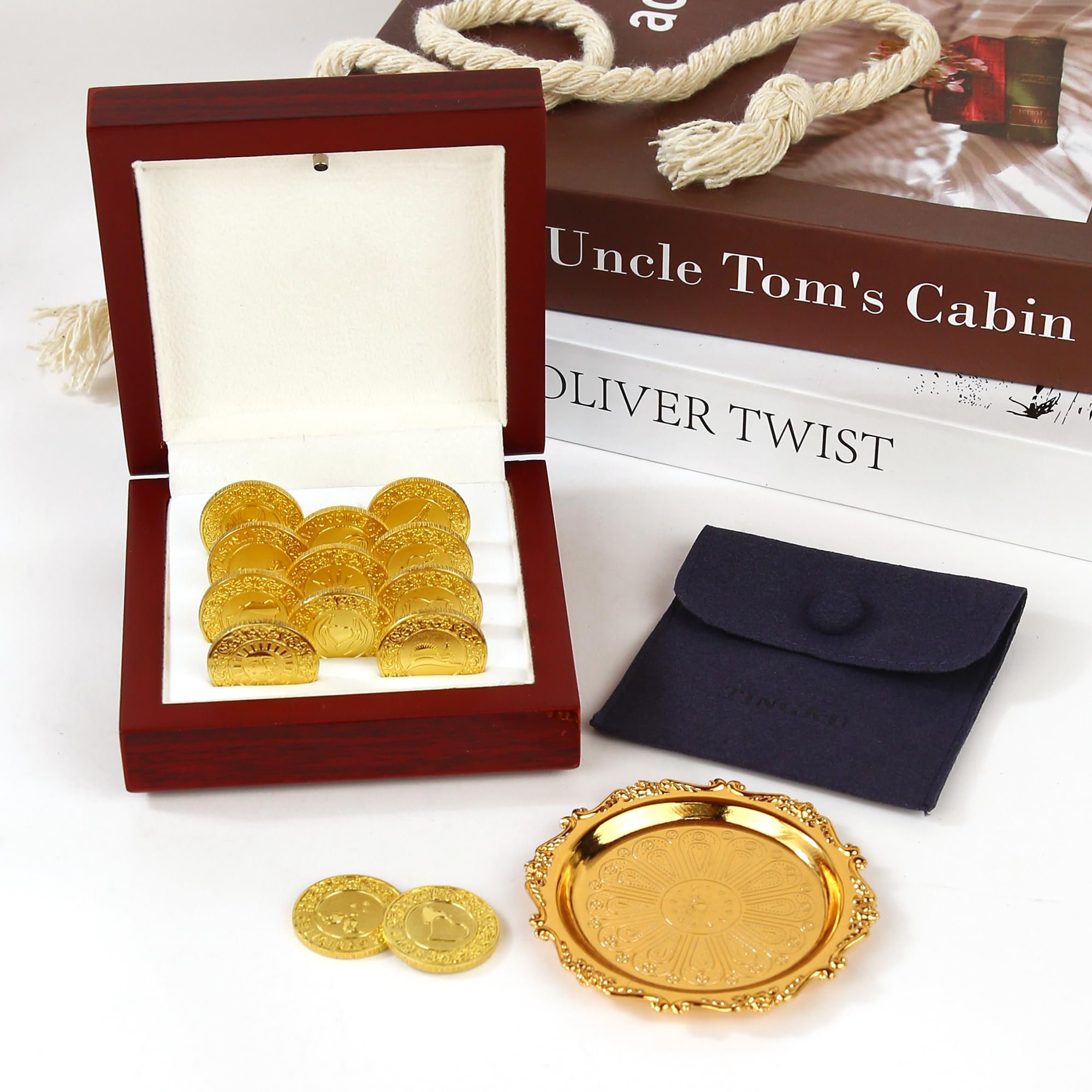 TINGKU Arras para Boda Católica - Juego de 13 monedas de boda Arras de Boda Cristiana Aras de Matrimonio, caja de madera para boda católica tradicional (Gold)