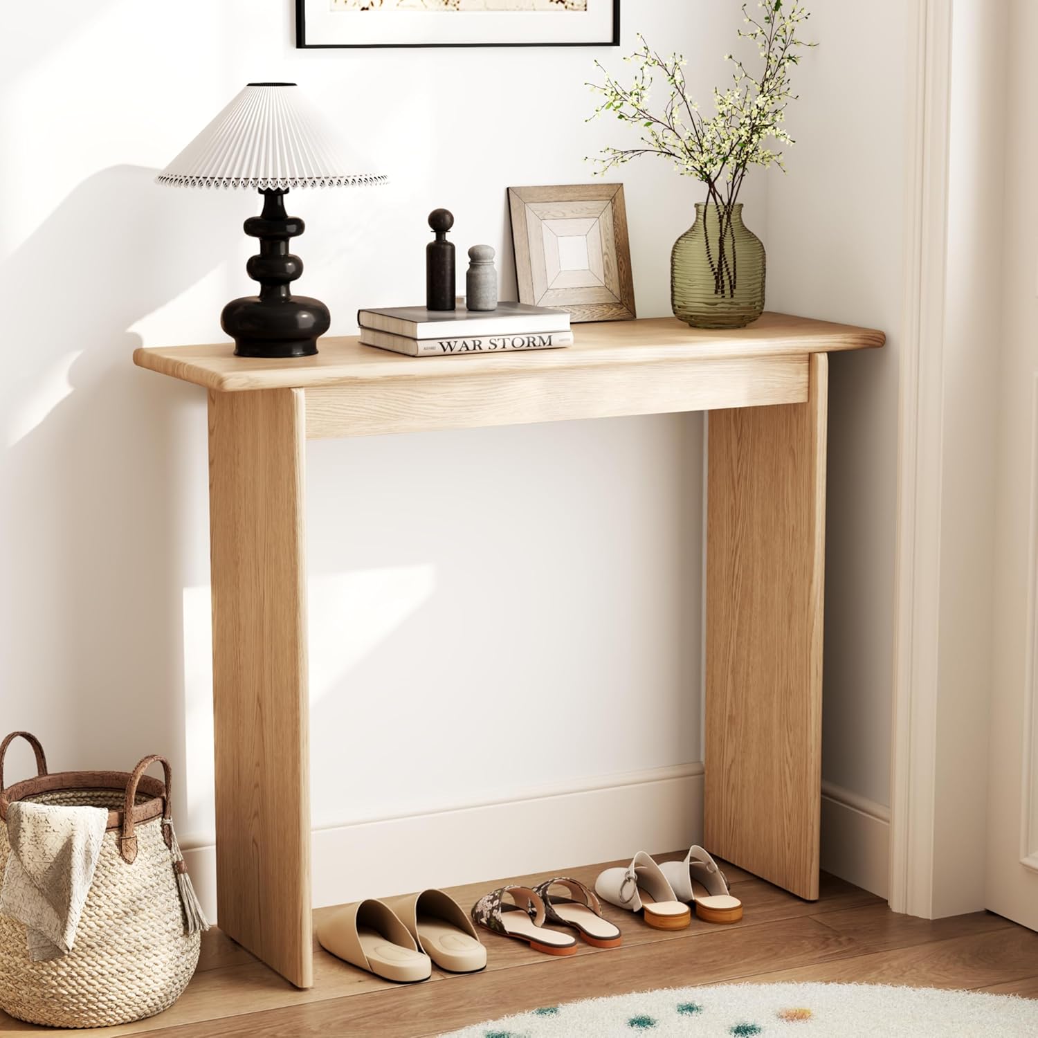 AQIMUELE Natural Console Table Thin Rubberwood Minimalist Mid-Century Style | Stable and Sturdy 11.8" D x 39.4" W x 31.5" H for Entryway/Sofa Back