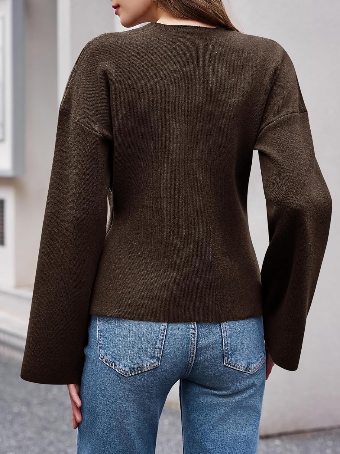 Saodimallsu Womens V Neck Cardigans Long Bell Sleeve Button Down Open Front Loose Knit Fall Sweater Blazer - Image 6