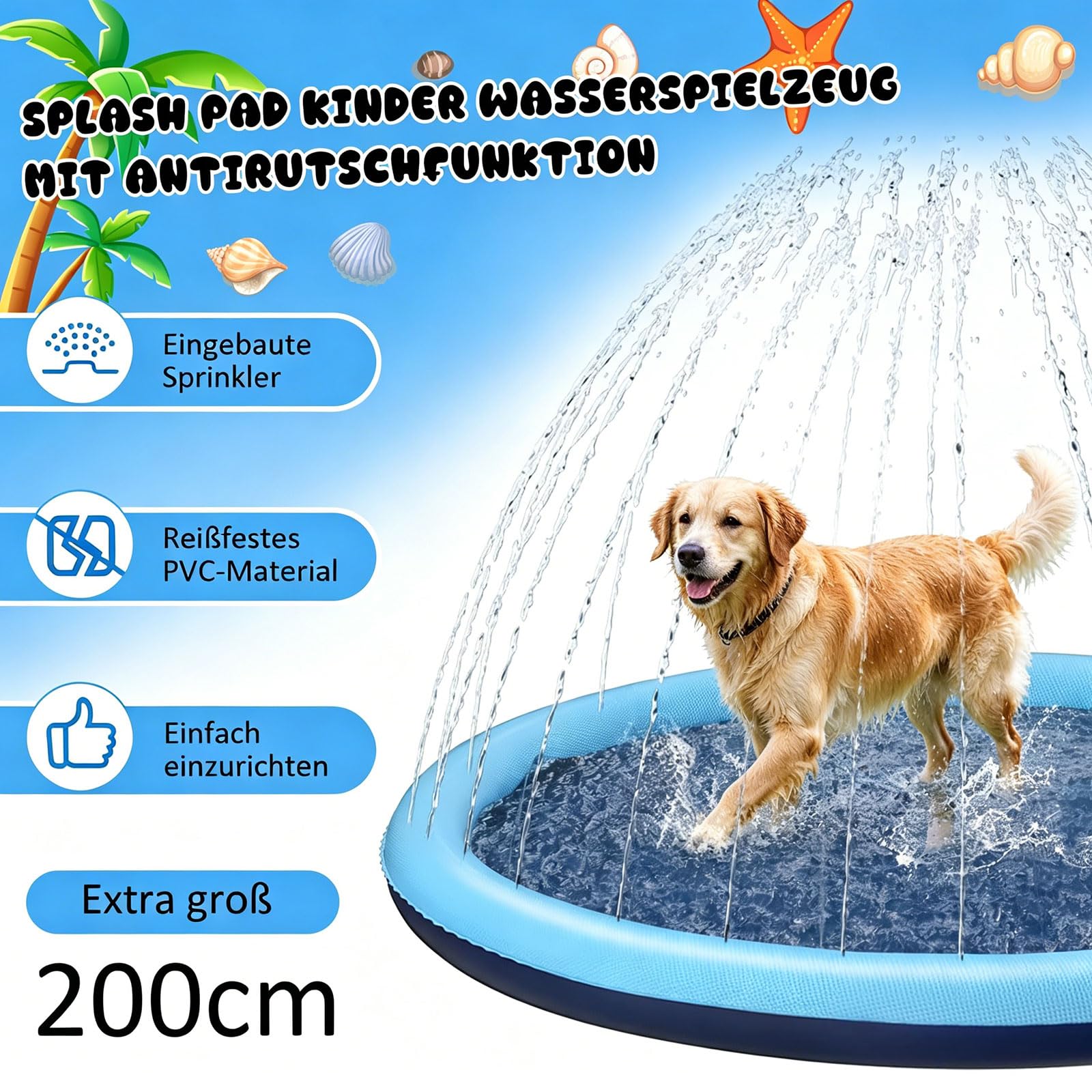 Splash Pad Hund Wasserspielzeug mit Antirutschfunktion, 200cm Runde Wasserspielmatte Outdoor Wassermatte Wassersprinkler Sommer Gartenspiel Ausschließlich für Hunde und Haustiere