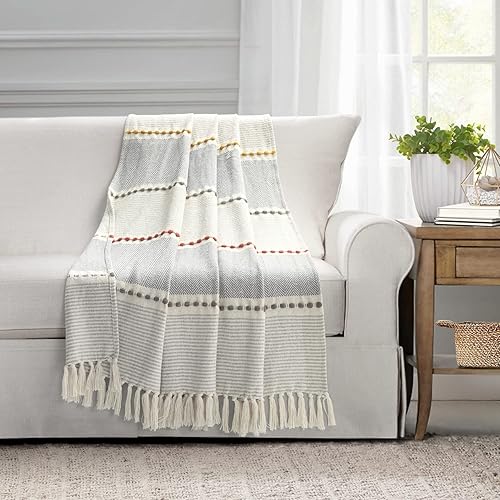 Lush Decor Manta de algodón teñido de hilo de borla tejida a rayas en espiga, 50 pulgadas de ancho x 60 pulgadas de largo, color amarillo y gris,