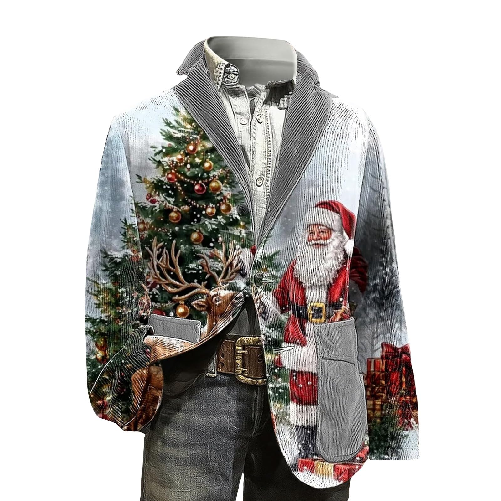 Świąteczna kurtka sztruksowa męska vintage Santa Claus Choinka Kurtki z guzikami z długim rękawem Klapa Kurtki na co dzień Świąteczne płaszcze robocze Śmieszne sukienki świąteczne
