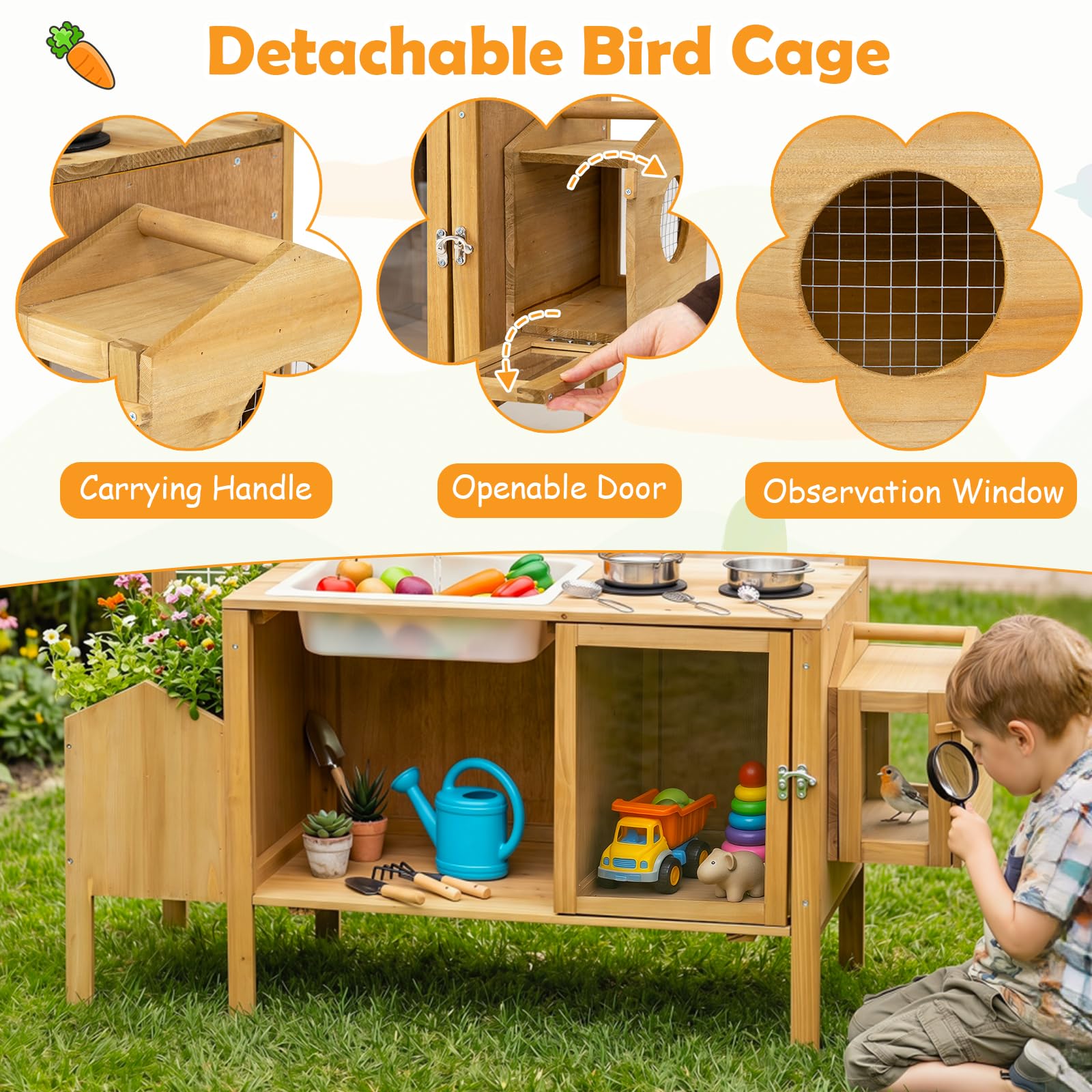 FANTASK Matschküche Outdoor mit Wassertank und Kochzubehör Spielküche | Inklusive Spüle, Wasserhahn, Rankgitter und Pflanzkasten für kreatives Gartenspiel ab 3 Jahren