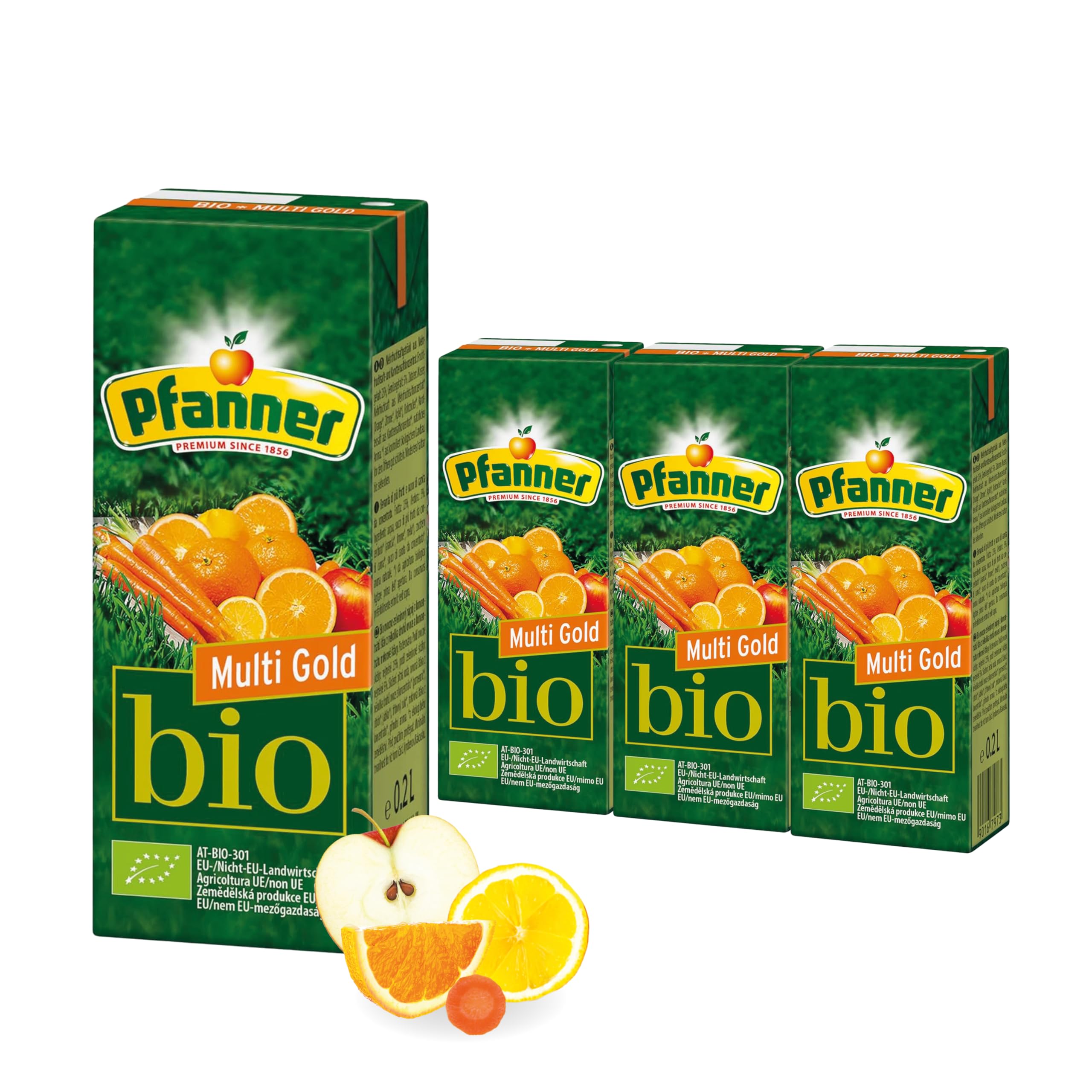 Pfanner Bio Multi Gold (30 x 0,2 l) – Multivitaminsaft mit Strohhalm - 25% Fruchtgehalt und 5% Gemüsegehalt – Vorratspack