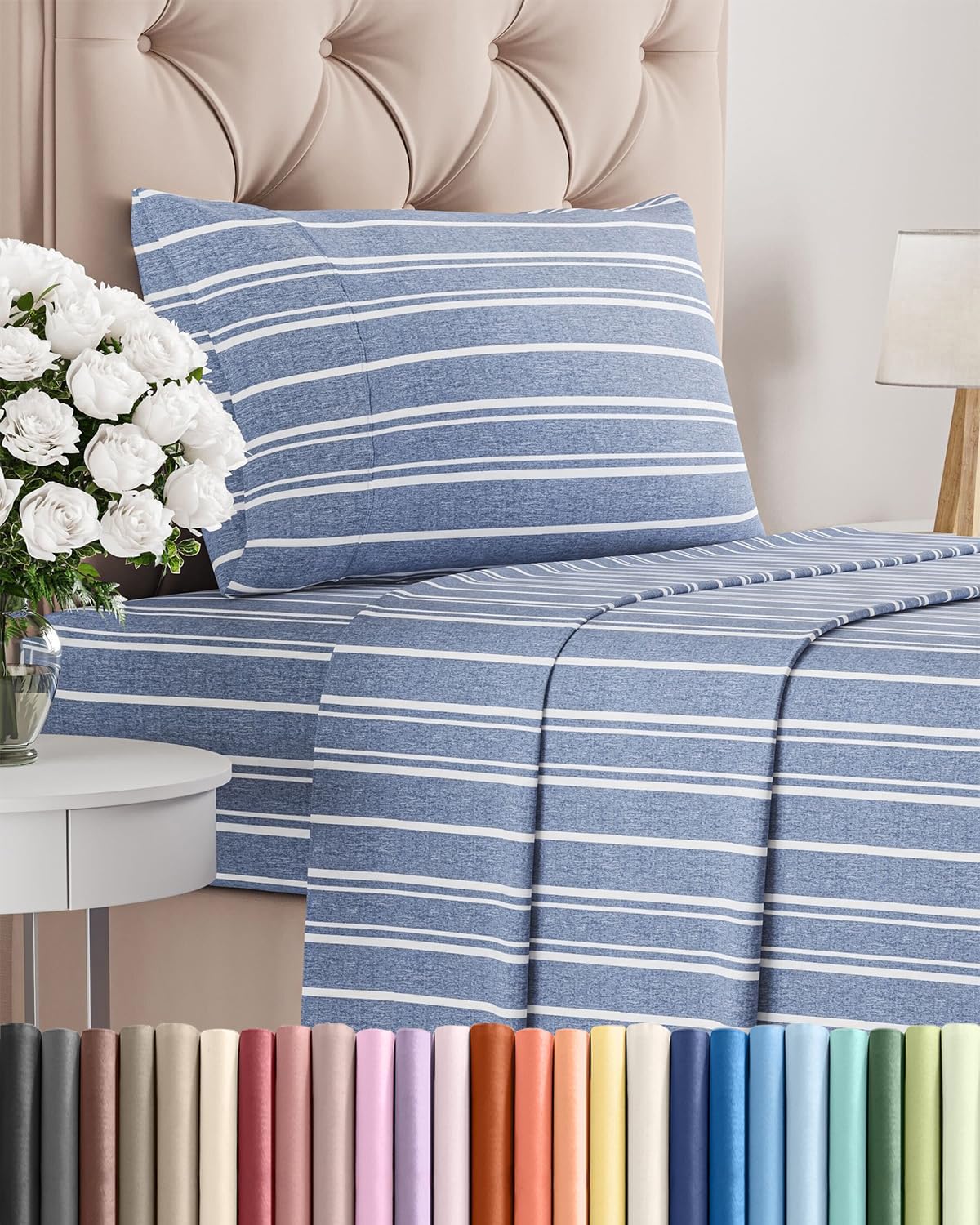 Twin XL Size 3 Piece Sheet Set - Comfy Breathable & Cooling Bed Sheets Set - Hotel Luxury Bedding for Women, Men, Kids, Teens, Boys & Girls - Deep Pockets and Wrinkle Free - Oeko-Tex - Blue Stripes 3