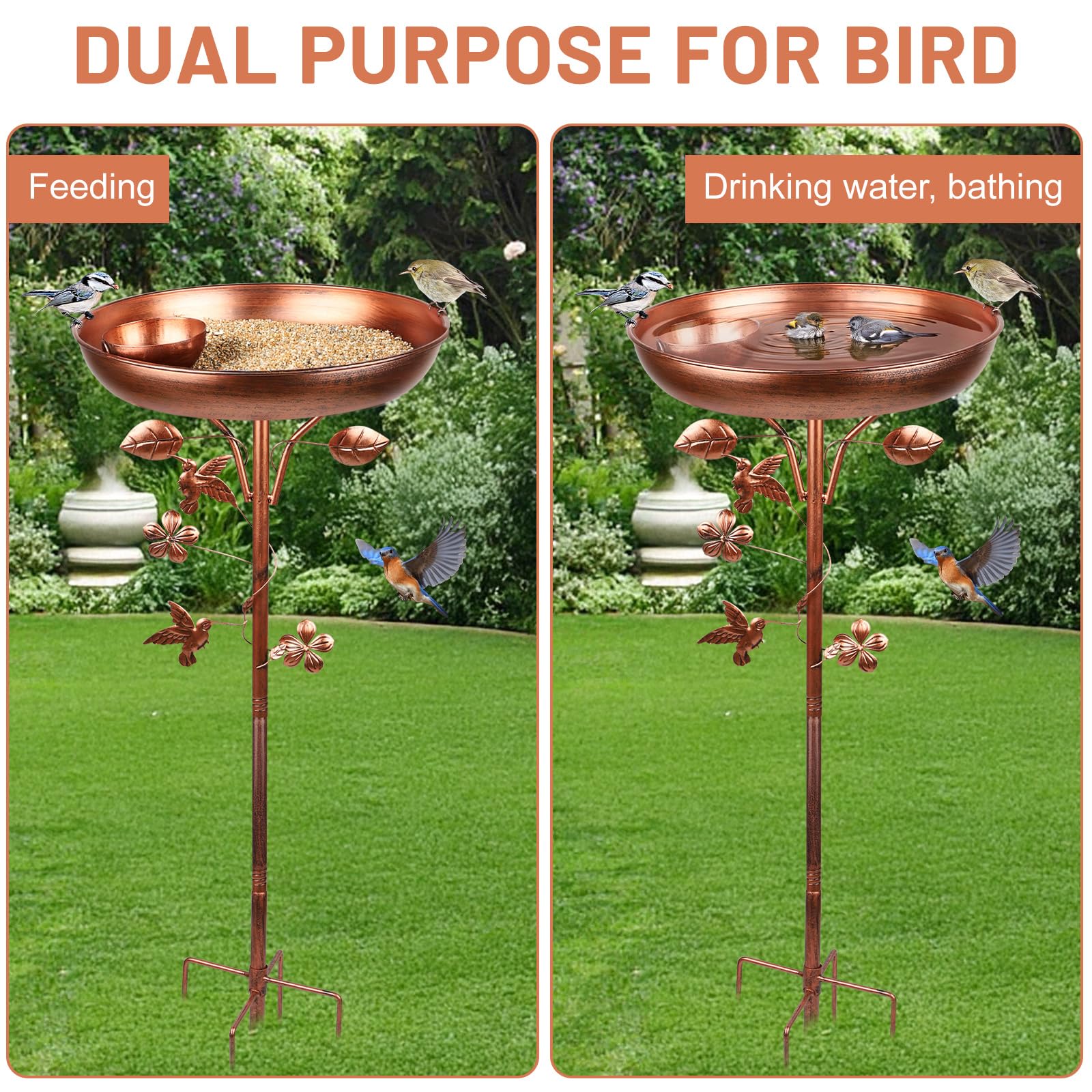 LALAGO Metalowa wanna na ptaki ogród, poidło dla dzikich ptaków podstawa 5-krotna, stojąca podajnik zewnętrzny, samodzielny styl vintage dekoracja patio 97 x 30 cm