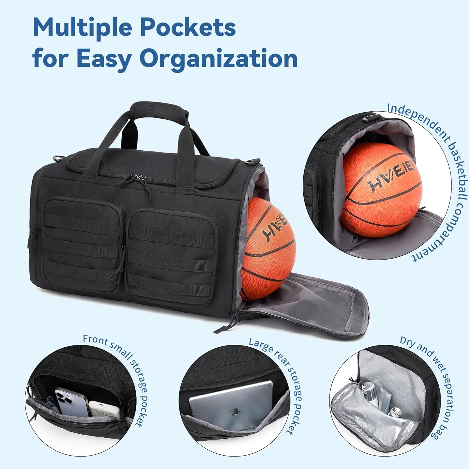 Wotony Tactical Duffle Bag for Men, Duffle Bag for Gym, Travel - Military Weekender Workout Molle Bag (Black, 50L)