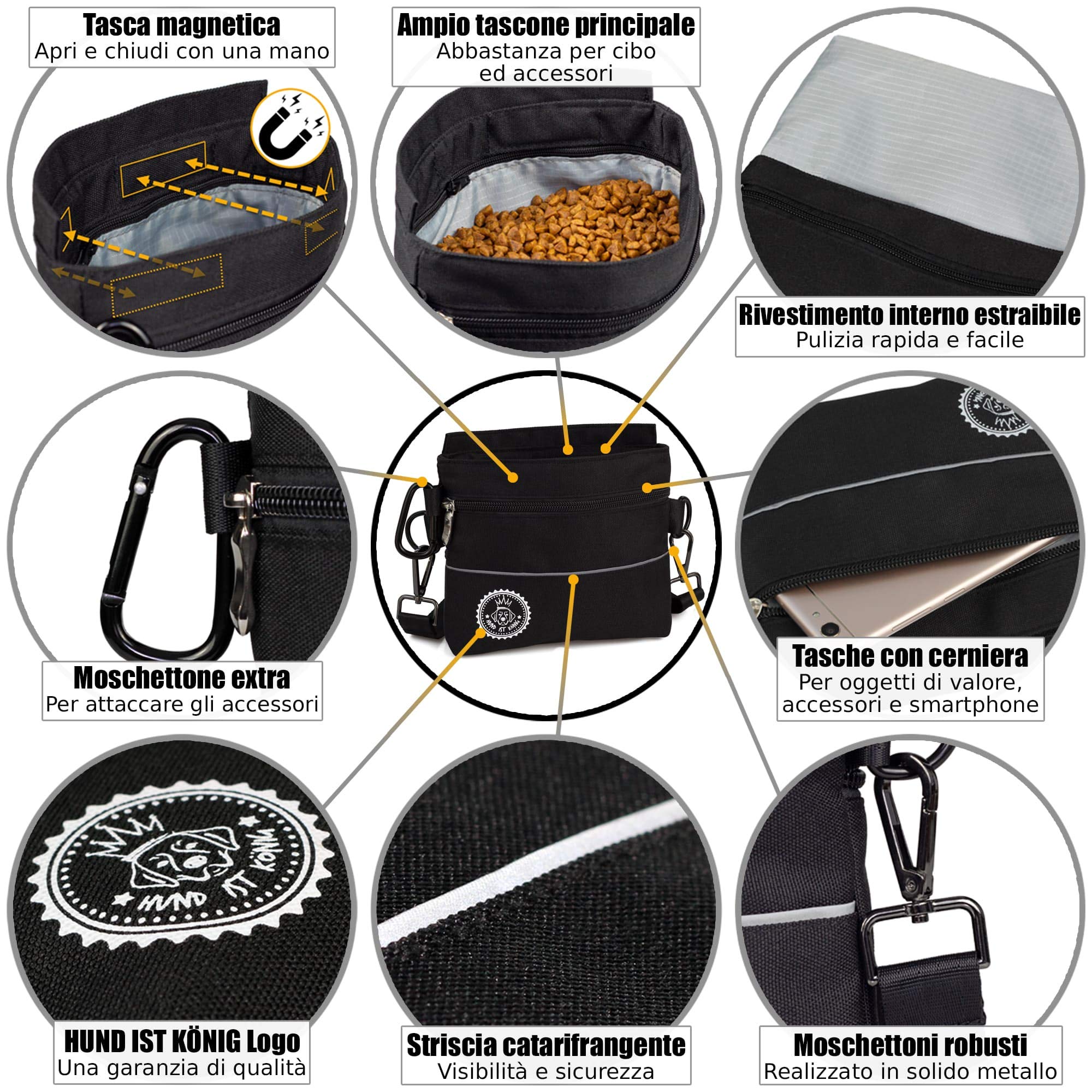 Borsa per premietti cane con tasca magnetica a una mano, 2 tasche con cerniera, tasca interna rimovibile, cinghia per spalla imbottita, moschettone gratuito, perfetto per addestramento agility canino