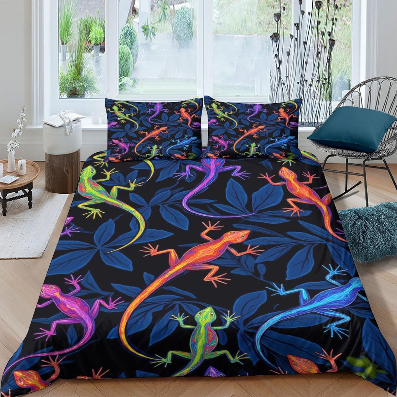 Ctjqhvkz Style-4 3D Printed Colorful Lizard Fitted Sheet Microfiber Soft Anti-Slip Tropical Leaves Mattress Cover For Bedroom Decor Single（135X200cm）