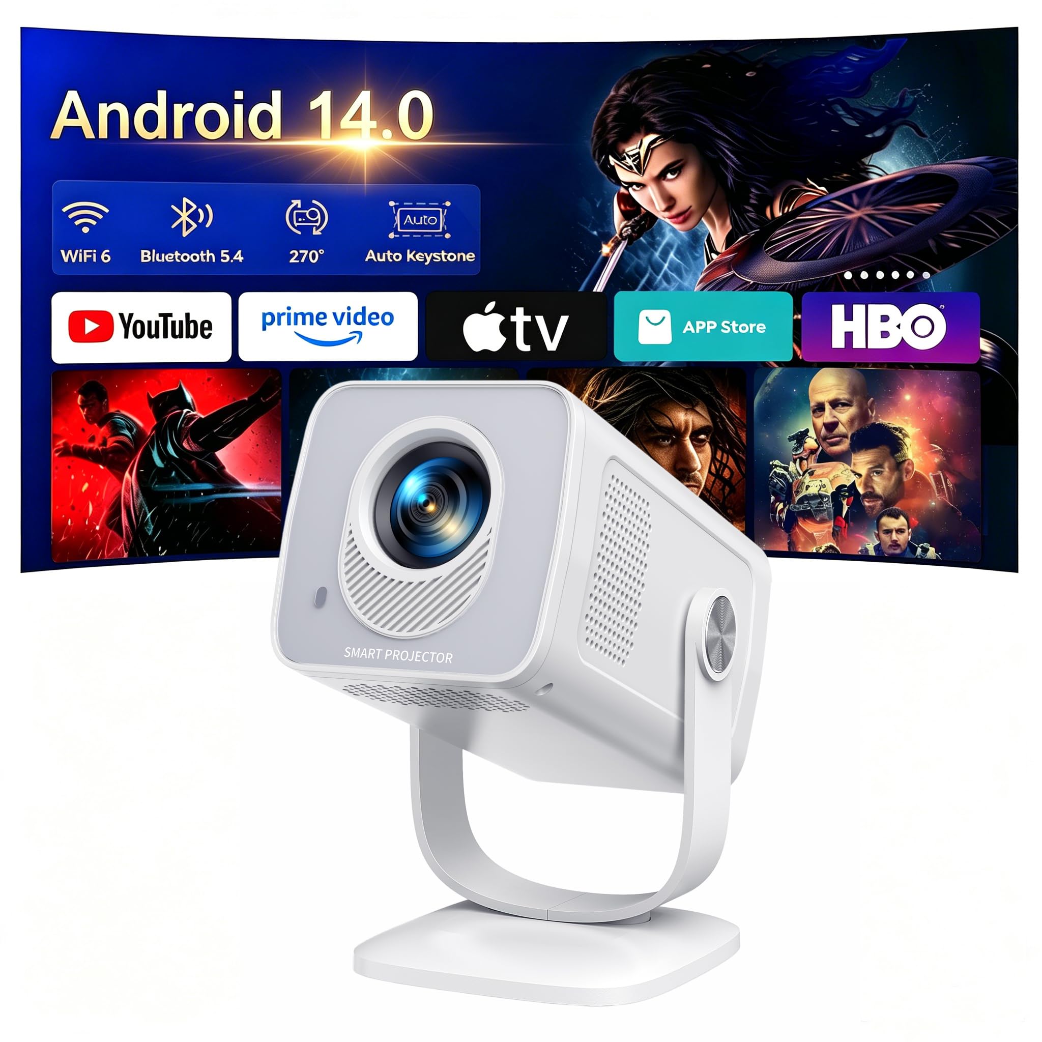 【Built-in Android 14 | Short Throw】TOPTRO Mini Portable Projector 1080P 4K Supported, Smart Projector with 270° Rotation Stand, Auto Keystone, WiFi 6 Bluetooth 5.4, Home Cinema Projectors for Bedroom