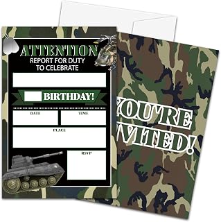 Army Birthday Invitations with Envelopes - 20PCS Kids Birthday Party Invitations for Boys - Military Camo Birthday Party Supplies Decorations -38