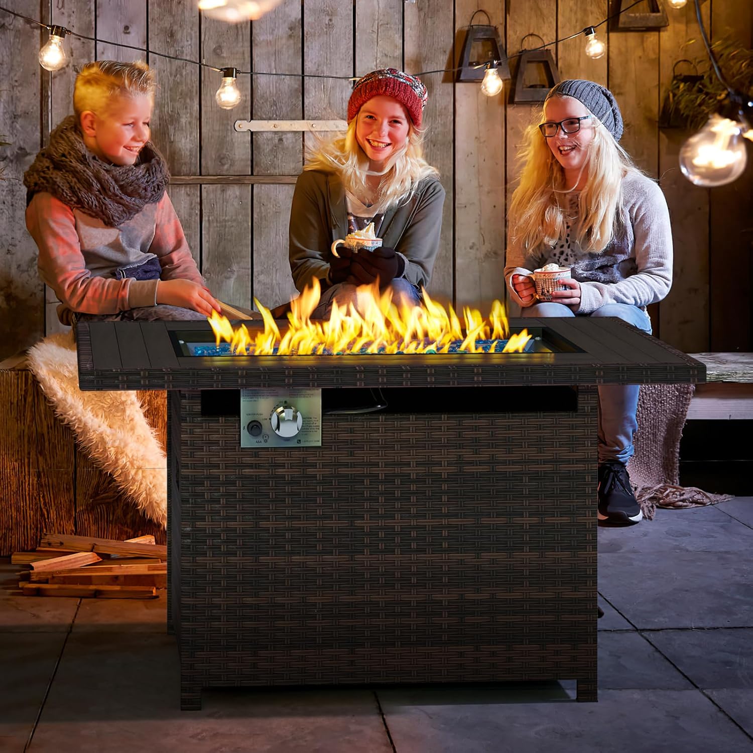 Propane Fire Pit Table 44 Inch Outdoor Gas Firepit Table with Storage Rectangular 60000 BTU Fire Table with Oxford Cover for Outdoor Patio Deck, Brown Wicker (Brown)