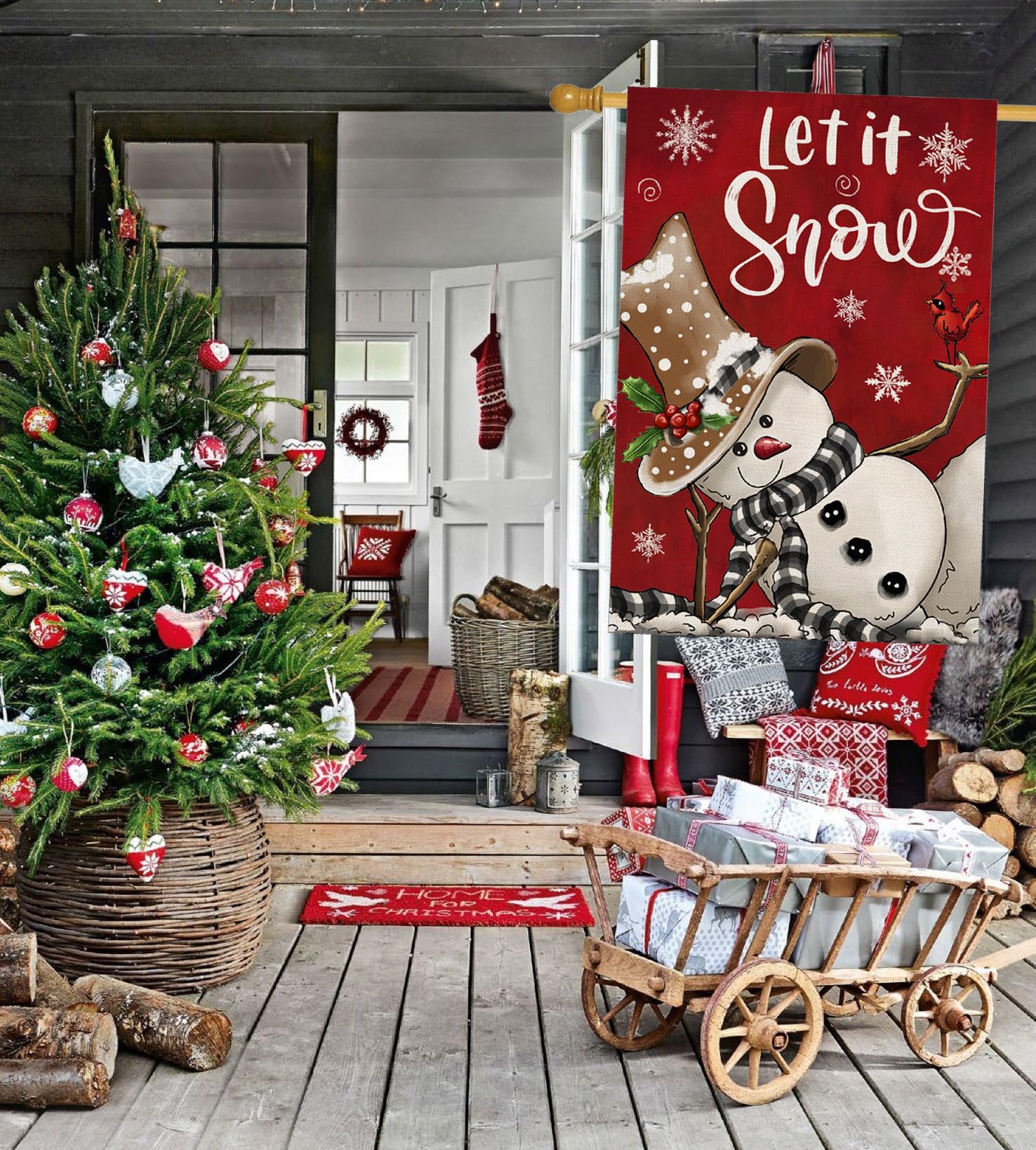 Winter-Hausflagge 'Let It Snow' Mit Schneemann – 71,1 X 101,6 Cm, Doppelseitig, Aus Jute Für Outdoor-Dekoration