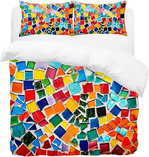 Art Colorful Mosaic Pattern Bedding Double Duvet Set Soft Microfibre