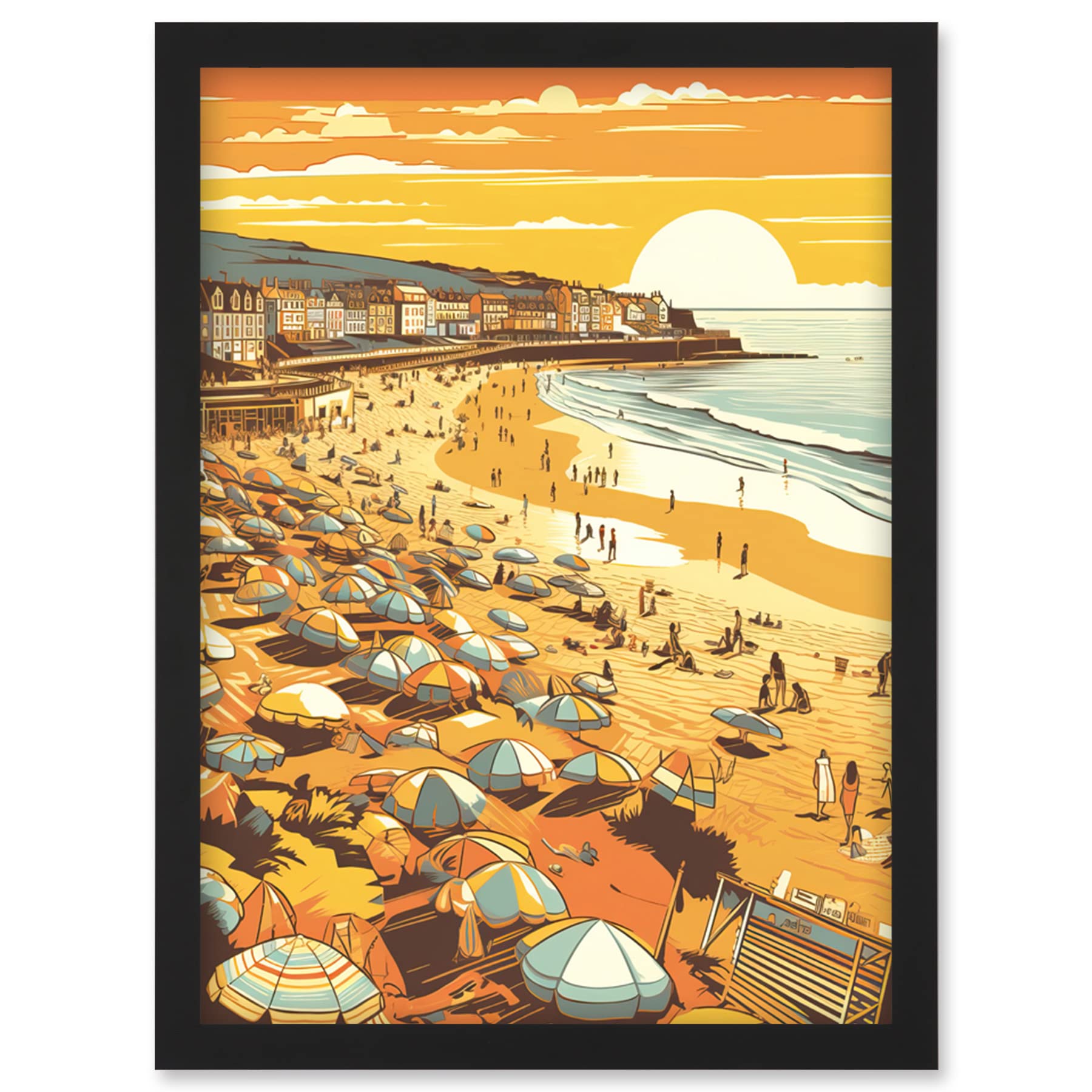 Artery8 Summer Sunset at Busy Sandy Promenade Beach Artwork Framed Wall Art Print A4