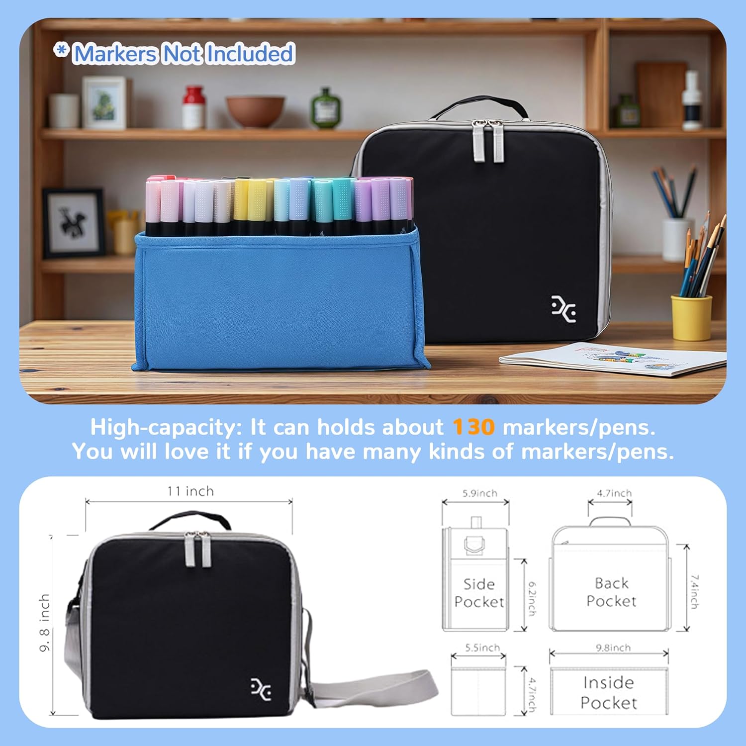 Togood Marker Organizer Bag - Large Storage Crossbody Tote for Marker Pens 130PCS+, Portable Art Supplies Case for Pens, Pencils, Books. Black