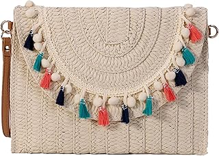NETFEN Straw Purses for women, Straw Bag Clutch Purses Bohemian Bag Straw Clutch Beach Purse Women Beach Essentials for Summer Vacationï¼ˆ(Beige fur ball with multi-color Tassel)