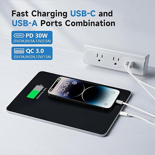 Miniatura 4 de Regleta de alimentación con abrazadera de escritorio con USB, enchufe plano delgado de 45 grados, cable de extensión de 6 pies, 1875 W, carga rápida