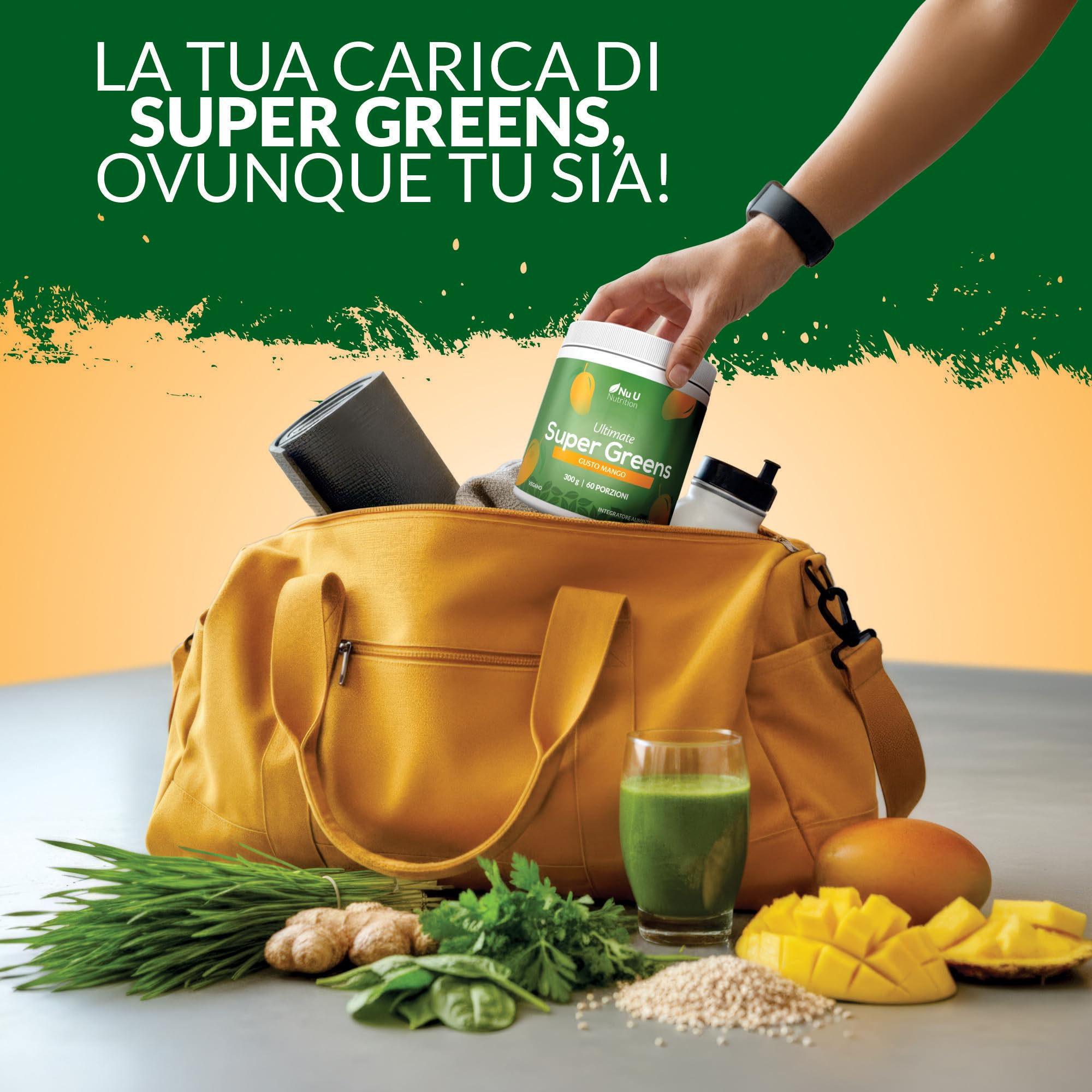 Super Greens | Mango | Polvere 300g – 17 Ingredienti Superfood Attivi – 60 Porzioni – Con Inulina, Spirulina, Clorella, Radice di Maca – 100% Vegano – Nu U Nutrition