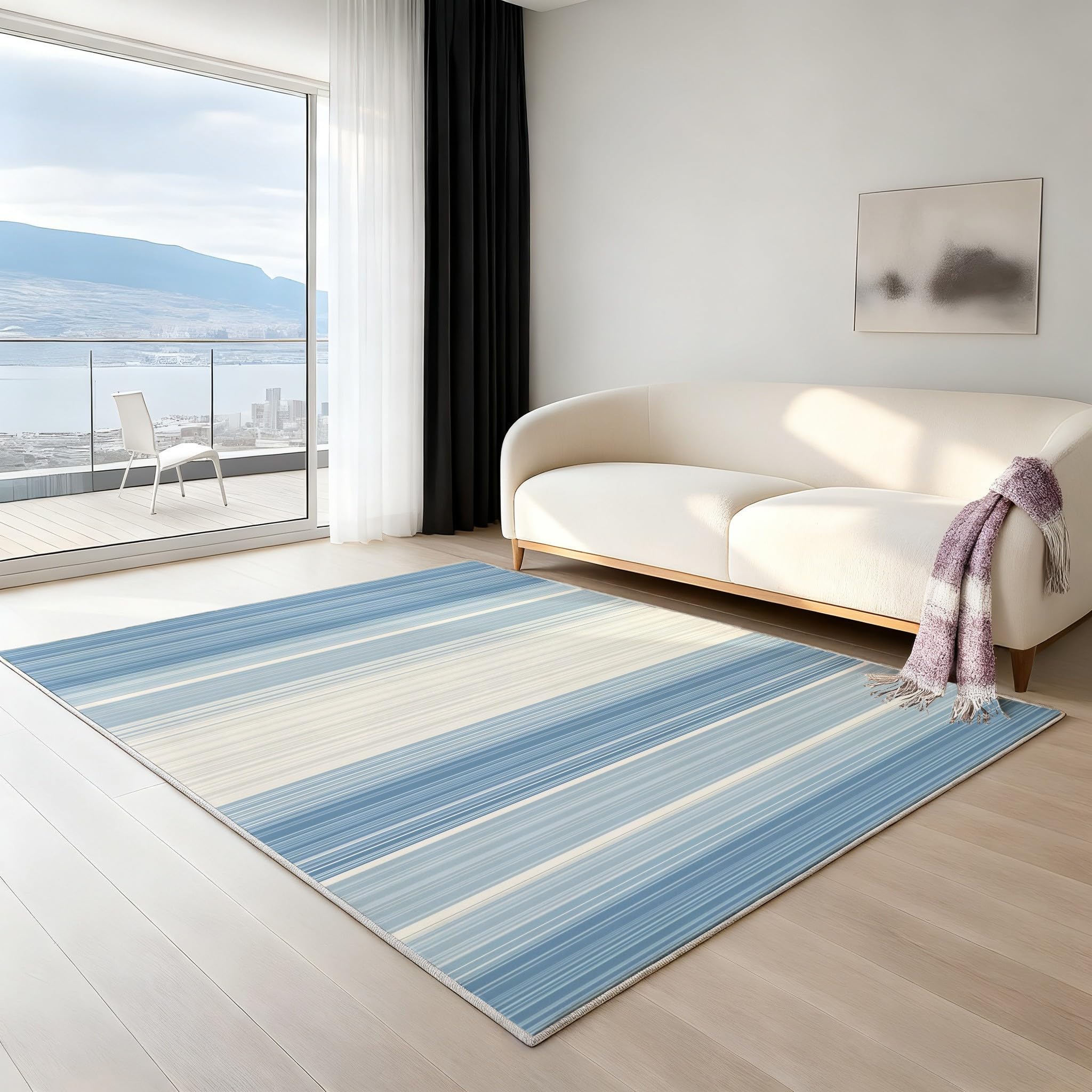 Générique 60 x 90 cm Tapis Minimaliste Dégradé Imprimé Moderne Frais Tapiss Rayures Verticales Bleu Clair Blanc & Tapis antidérapant Magique intégré pour Couloir Entrée