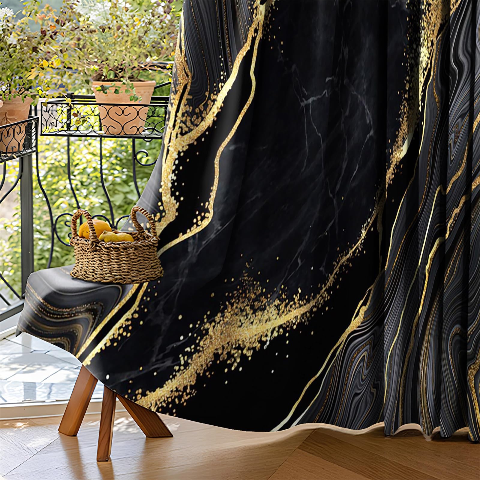 Rideaux Occultants en Marbre Noir et Or Texture de Texture de marbre de Luxe Chambre décorative avec œillets 2 Panneaux Isolation Thermique Protection de la Vie privée 117x229 cm