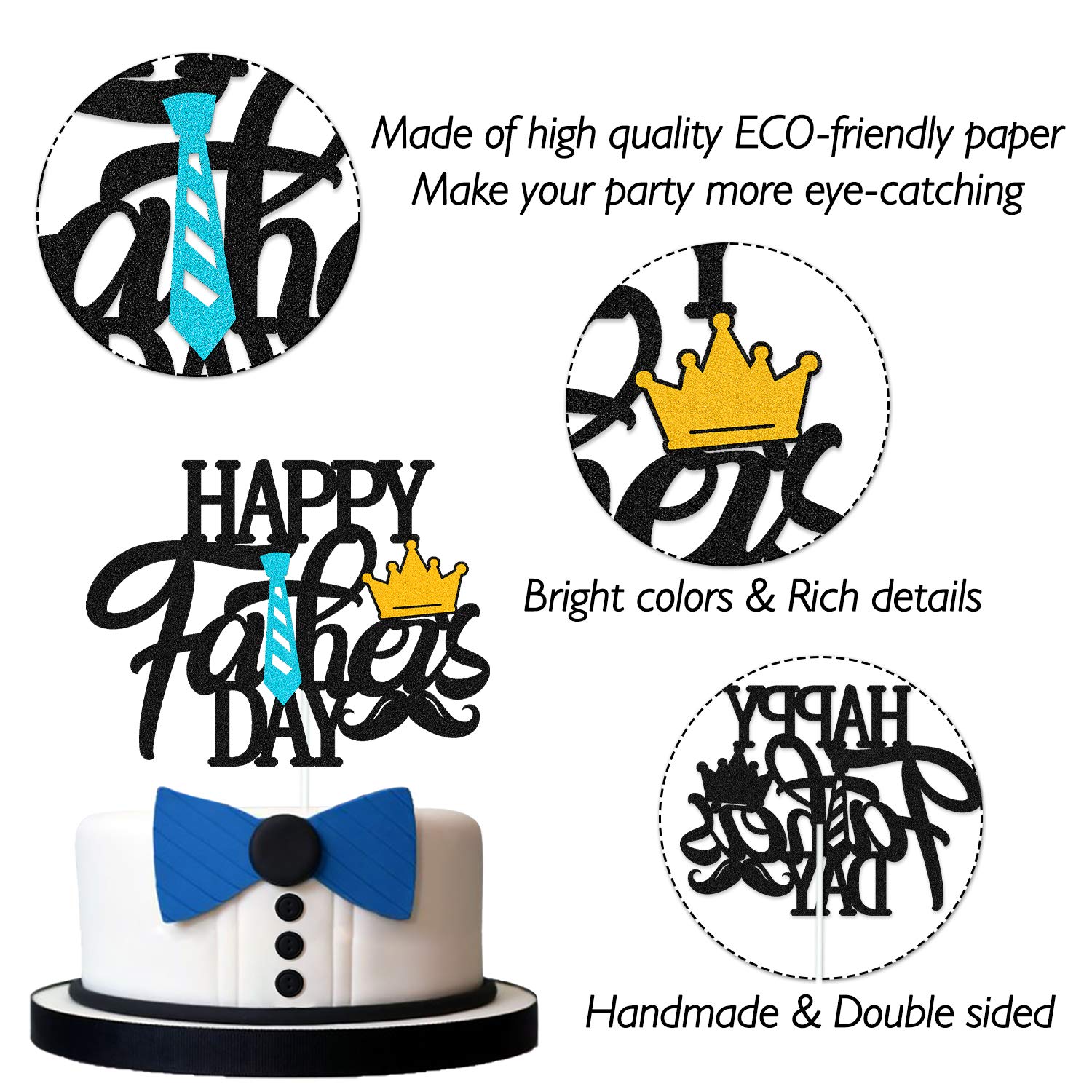 Happy Father's Day Cake Topper Happy Dad Day Party Decoration for Best Dad Ever Double Side Glitter Black Party Supplies