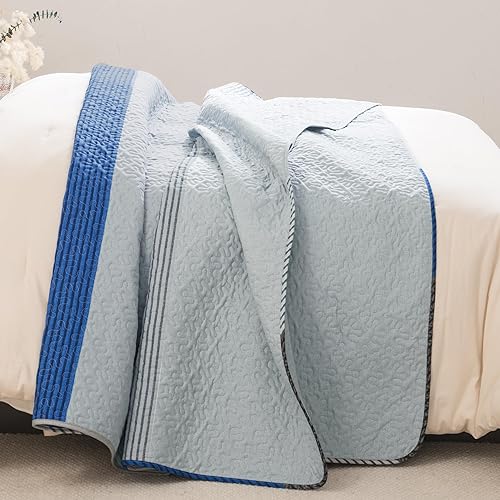 Miniatura 5 de Litanika Colcha de verano de 3 piezas, tamaño California King, color azul y gris, diseño de retazos a rayas, juego de ropa de cama acolchado de