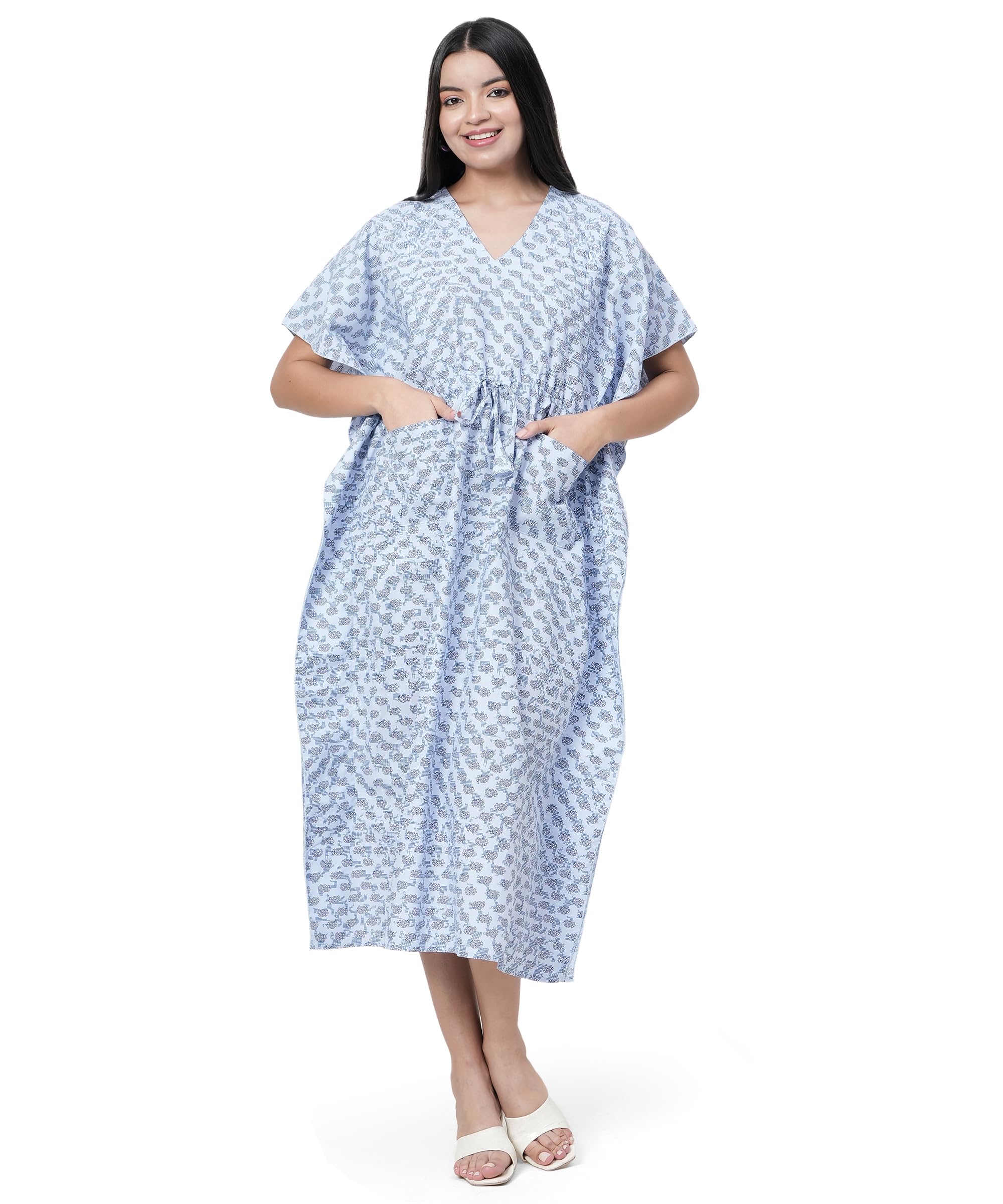 Noty® Women's- Kaftan | Maxi | Maternity | Feeding | Delivery Gown- Cotton Fabric- V Neck | Floral Print | 2 Pockets | Midi-image-49