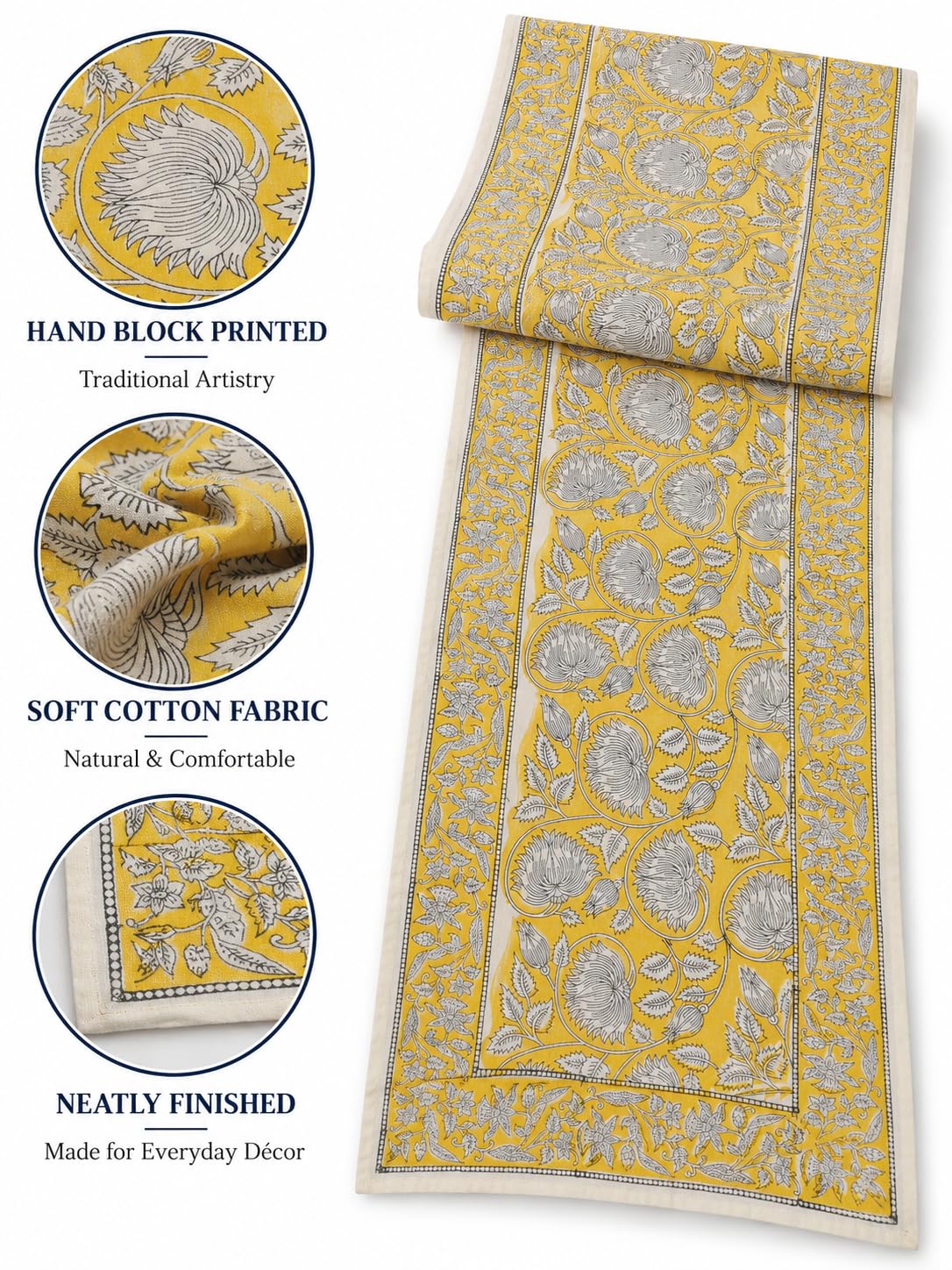 Hand Block Printed Cotton Table Runner - Floral Design -4