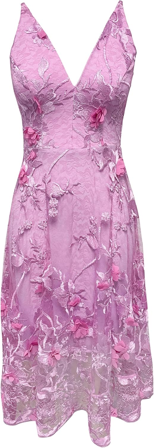 Dress The Population Womens Audrey Spaghetti Strap Midi A-line 3D Floral Dress - Image 5