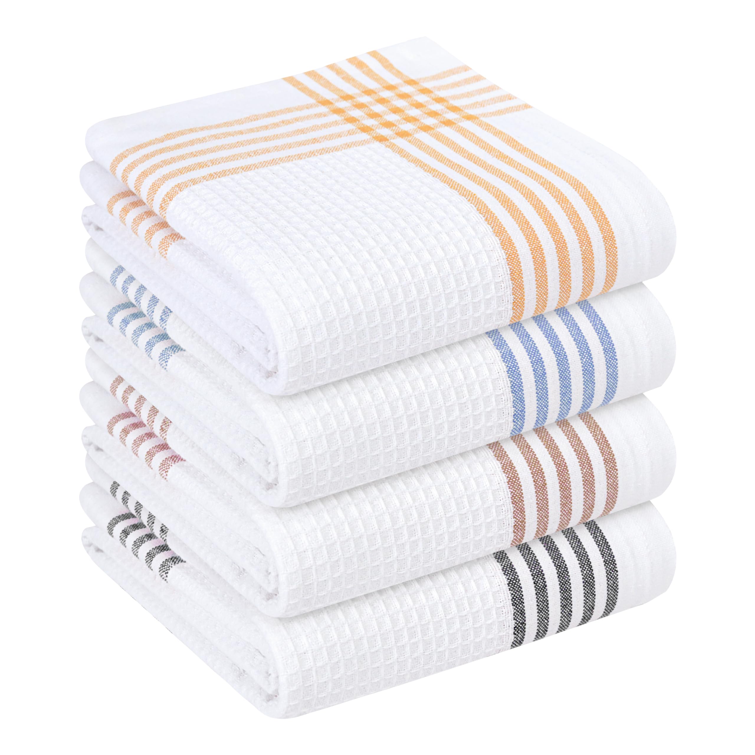Waffle White &amp; Multi Colors Kitchen Towels Set of 4, 100% Cotton, 16x26 inches, Quick Dry Dishcloths, Ideal Dish Towel for Drying, Wiping - Mustard Yellow, Sky Blue, Brown, Black