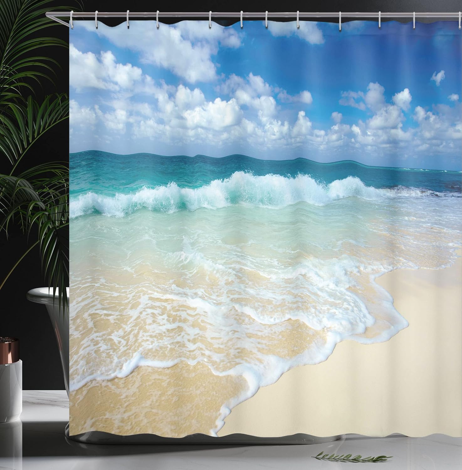 Ambesonne Wave Shower Curtain, Beach with Foamy Waves on Empty Sea Shore Holiday Theme Serene Coastal, Cloth Fabric Bathroom Decor Set with Hooks, 69" W x 84" L, Sand Turquoise