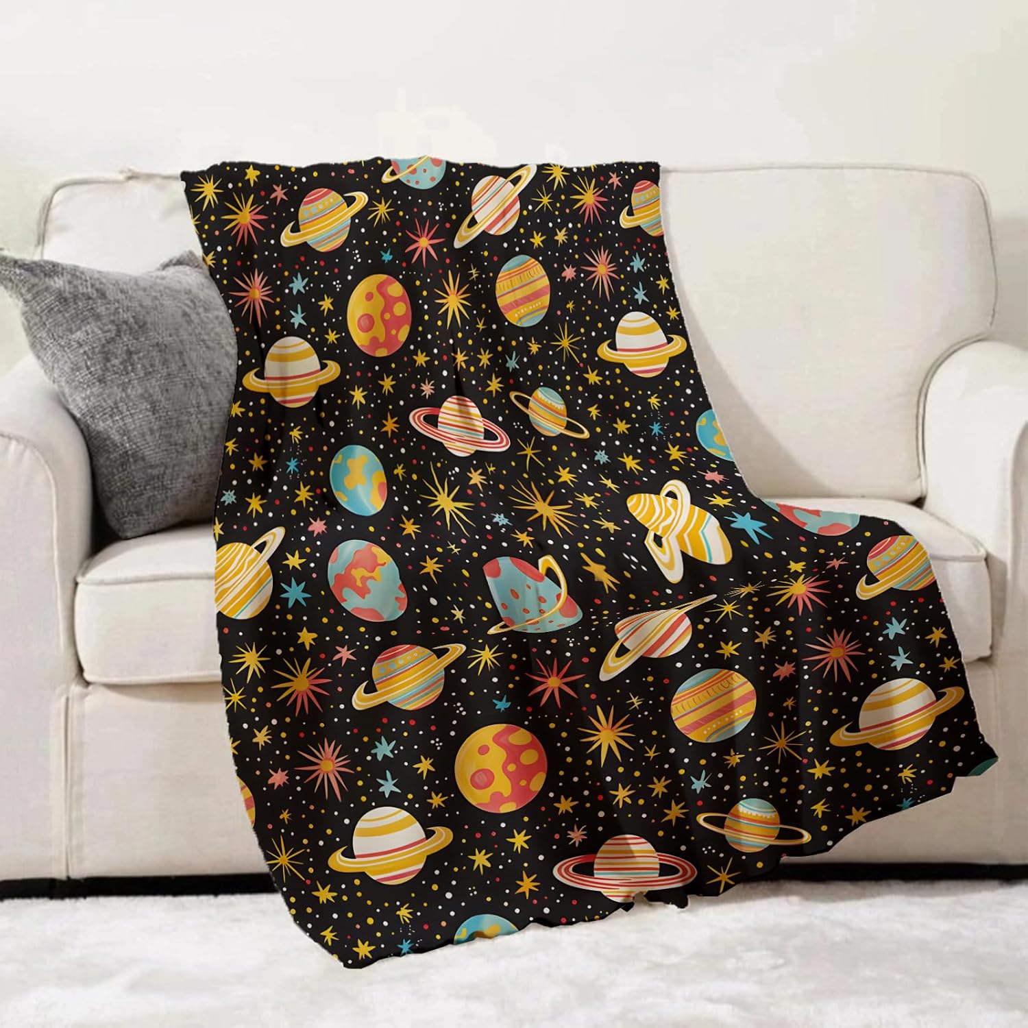 Outer Space Planets Throw Blanket for Adults Kids, 50x60 in, Colorful Galaxy and Stars Theme Flannel Blankets for Bedroom, Couch, Travel, Home Decor, Fuzzy Soft Cozy Warm Gifts