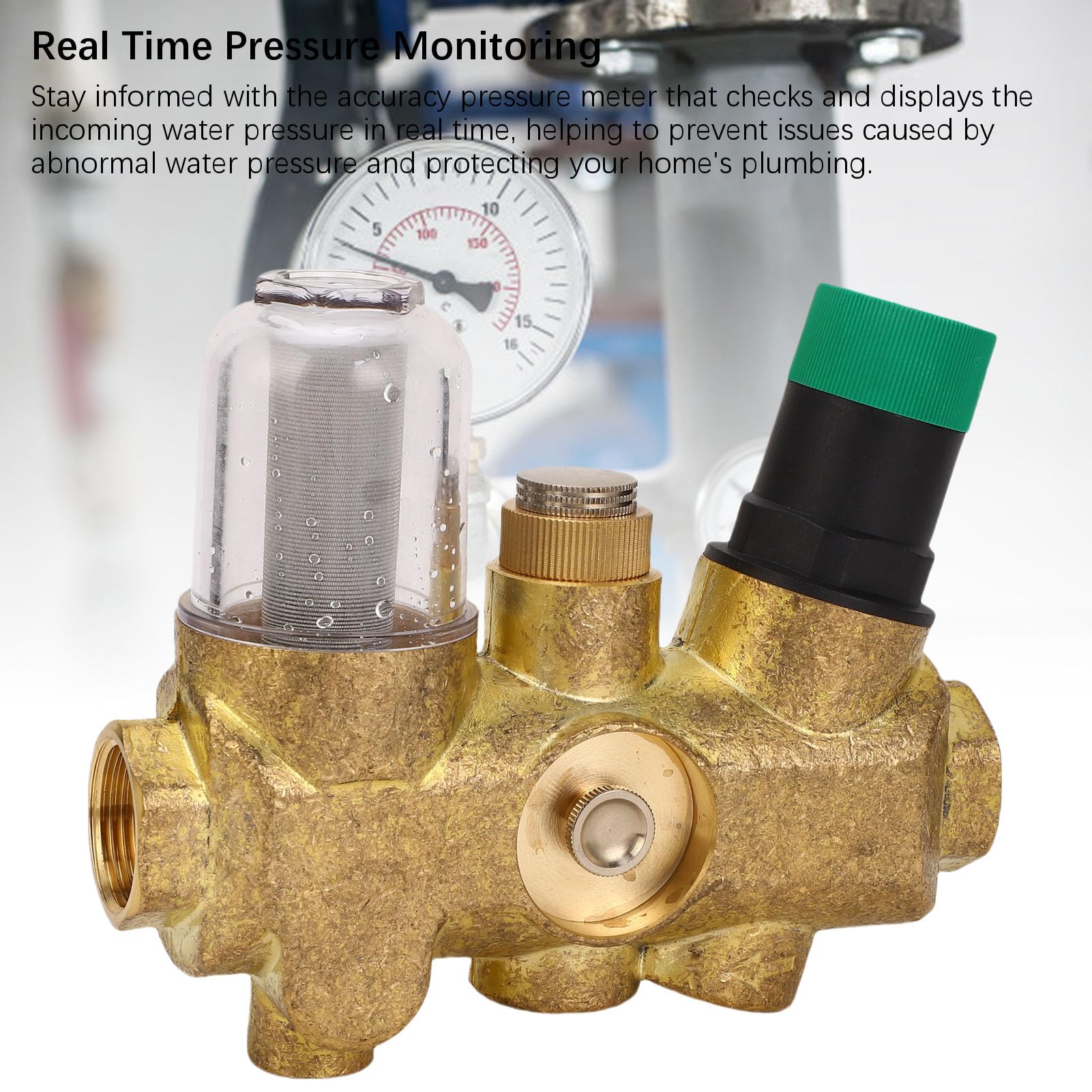 Ausla Válvula Reductora de Presión de Tubería Regulador de Presión de Agua de Latón con Manómetro de Filtro de Acero Inoxidable 316L Ajustable de 3 a 6 T H para Plomería de Toda la Casa (1/2 pulgada