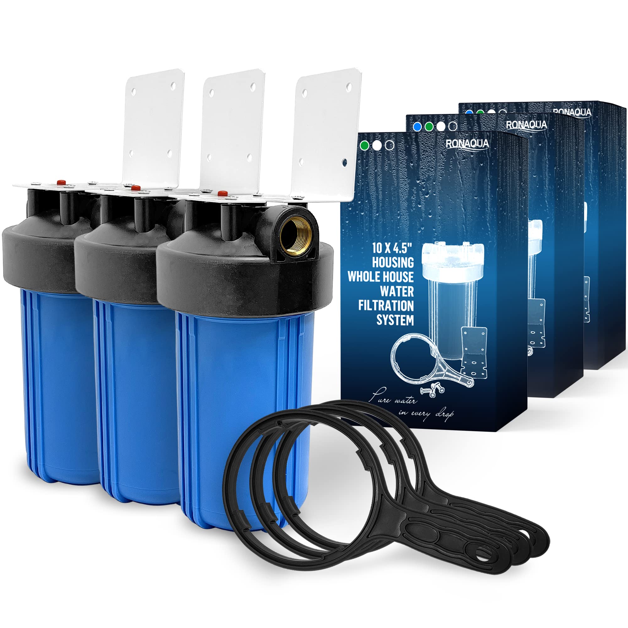 High Capacity 10 x 4.5” Whole House Filter Purifier System for Well or City Water, Presser Relief Button, 1” NPT Brass Port, Double O-Ring, Meets NSF Standards & Regulations (Blue, 3 Sets)