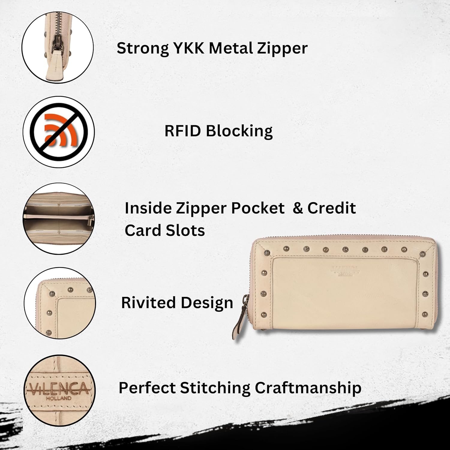 Vintage Genuine Italian Leather Boho Studded Wallet – Zipper Coin Purse & Credit Card Holder for Women (Beige) - Image 2