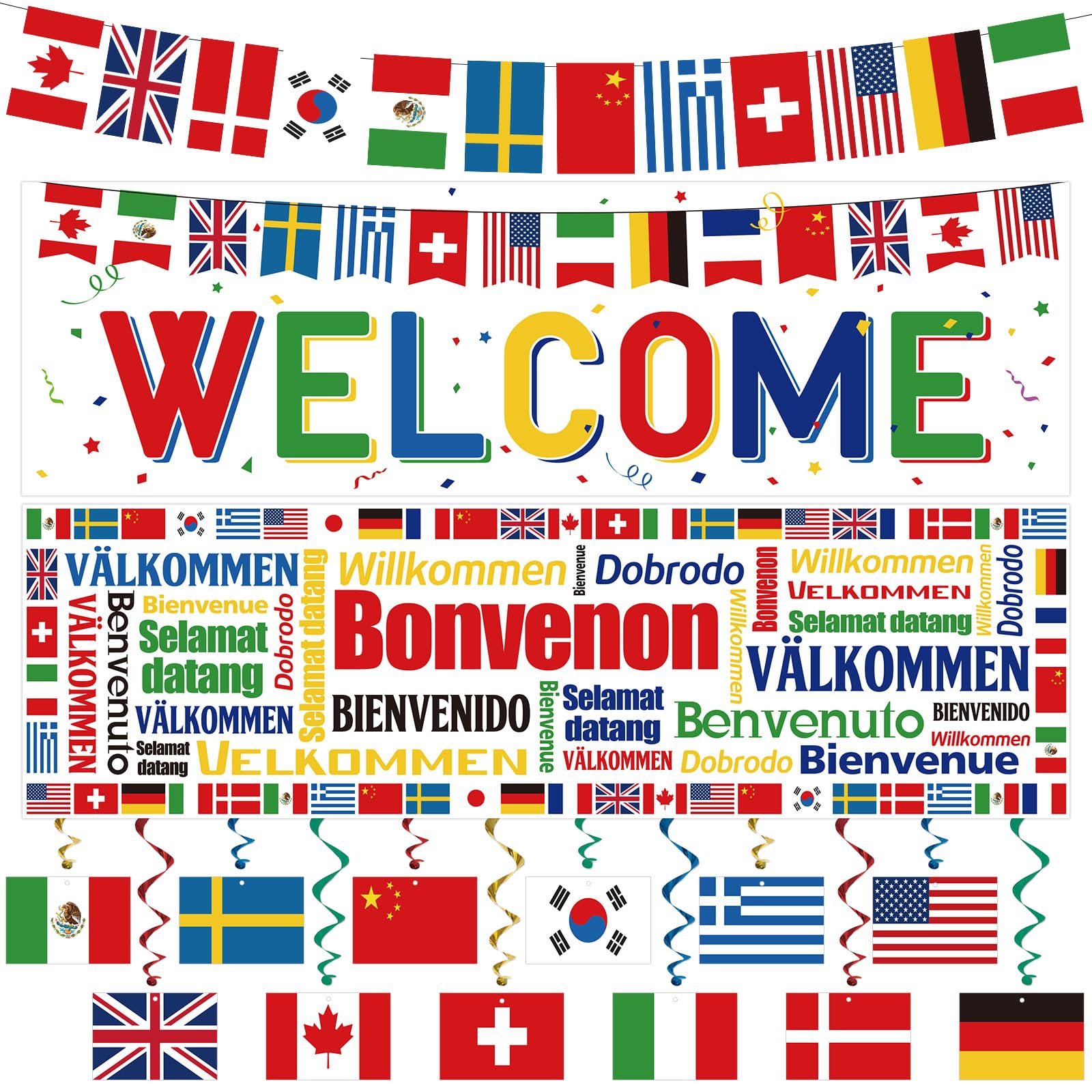 Panelee 27 Pcs International Party Decorations World Flags Welcome Banners Country Ceiling Hanging Swirls for International Sports Events Club School