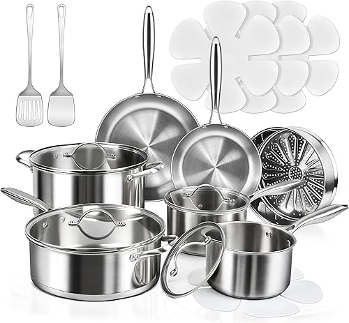 Juego de ollas y sartenes de 16 piezas, juego de utensilios de cocina de acero inoxidable de tres capas con tapas, juego de cocina no tóxico, apto