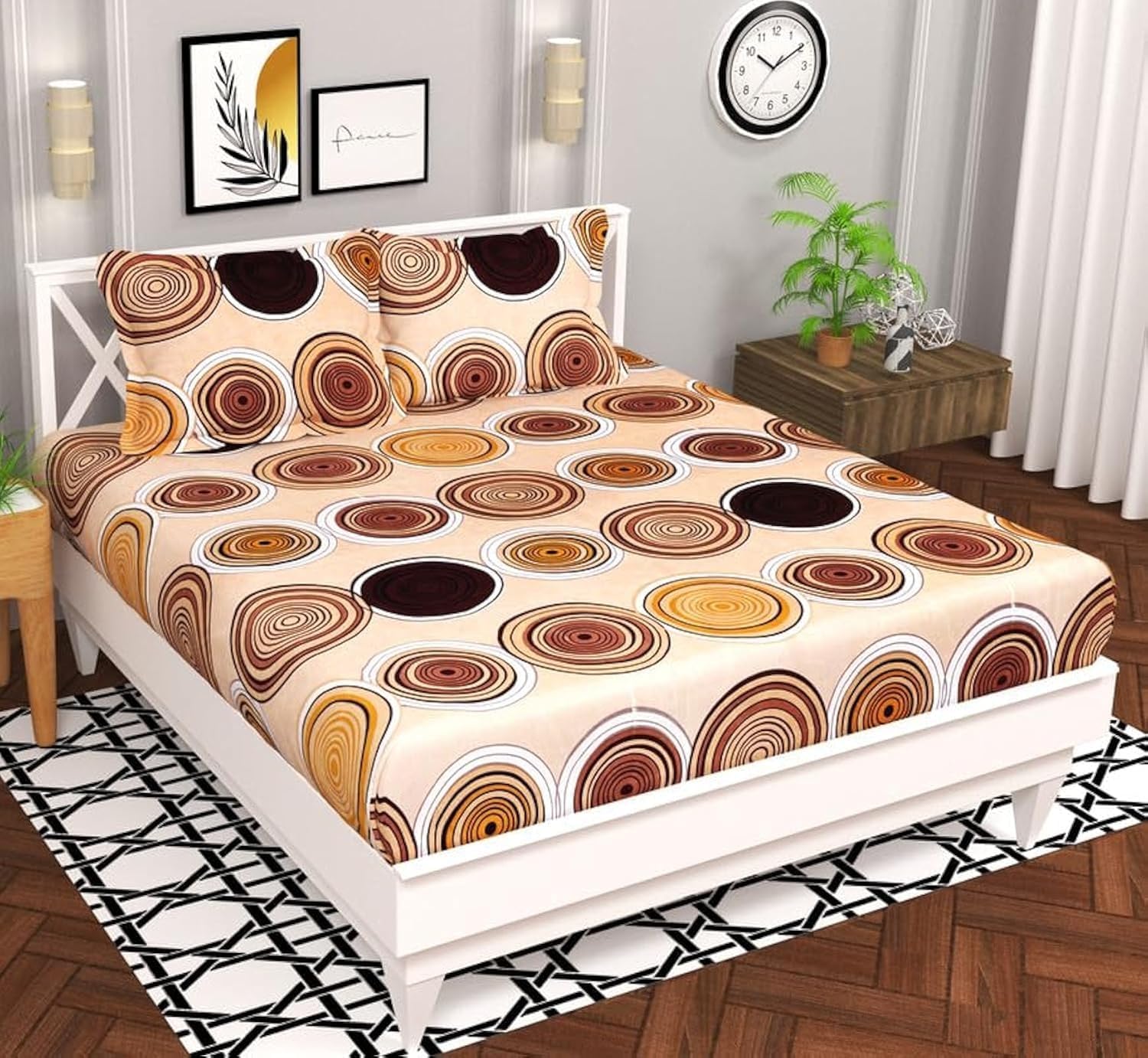 BSB HOME Microfiber 144 TC Aspire 2.O Collections Soft Breathable Wrinklefree Cricle Printed Double Bedsheets with 2 Regular Size Pillow Covers, Color- Almonds and Maroon