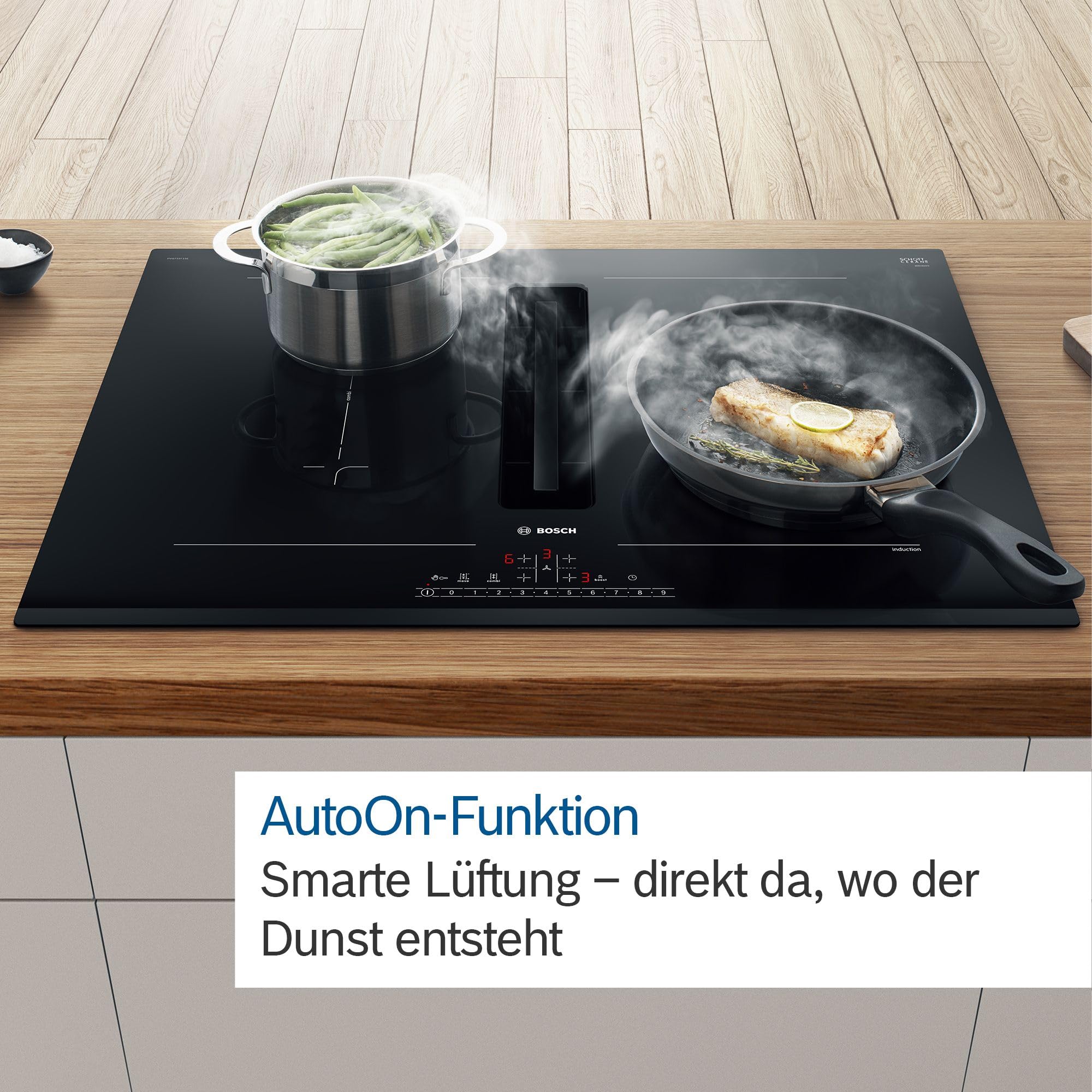 Bosch PVQ811H26E, Serie 6, Smartes Induktionskochfeld mit Dunstabzug 80 cm, Rahmenlos aufliegend, PerfectFry Plus Bratsensor, AutoOn-Funktion, Combi Zone, Einfache Bedienung mit DirectSelect