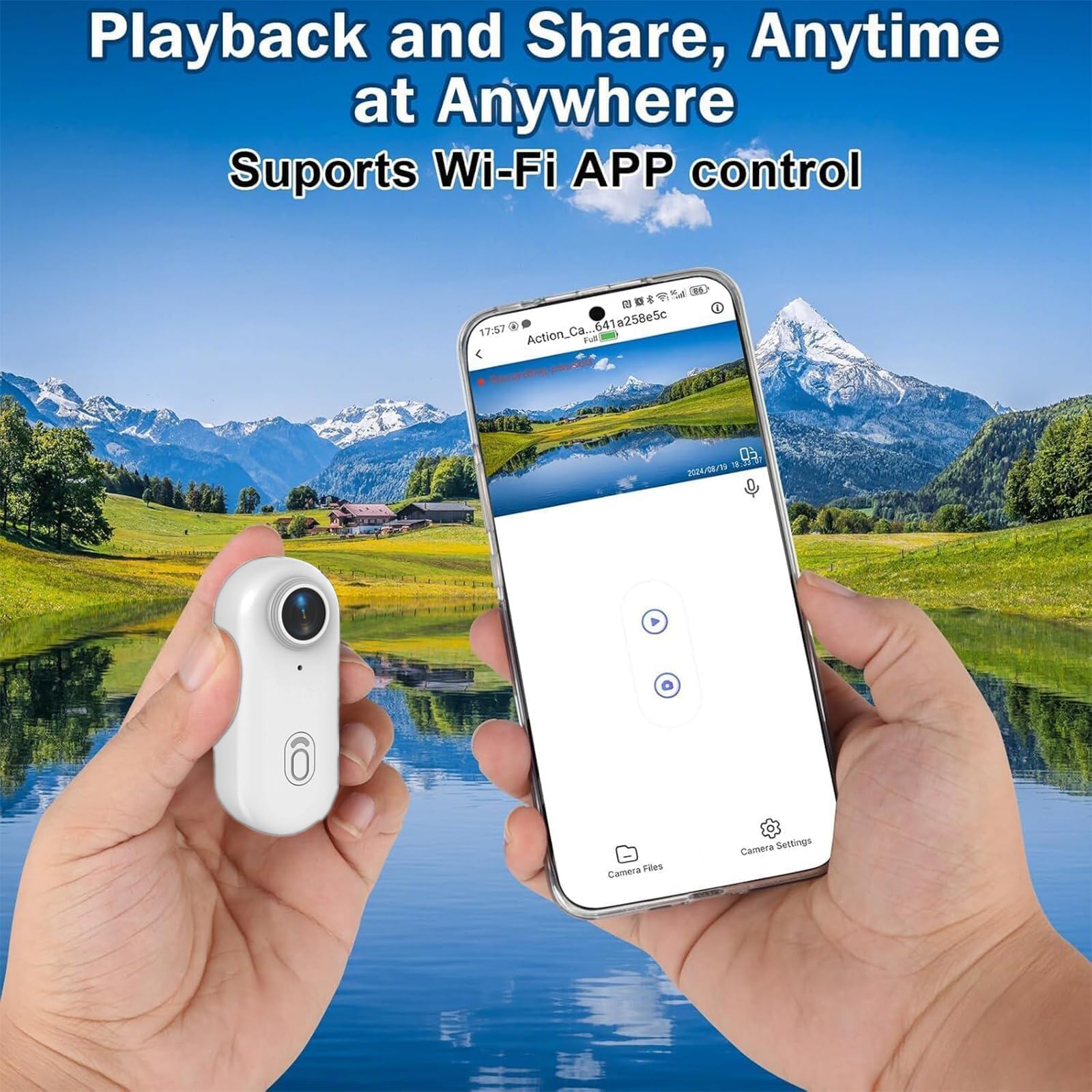 Mini Caméra Sport 1080P WiFi Action Cam IP68 Étanche 30M, Objectif Grand Angle 120°, Mini Camera Vlog POV, 800 mAh, Caméra Portable Casque Moto/Vélo/Ski/Animaux Camera Embarquée Compacte （Blanc）