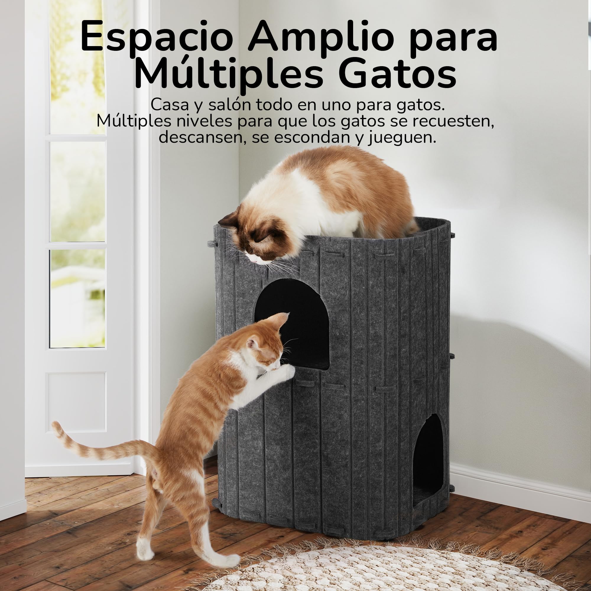 FUKUMARU Cueva Estable de Fieltro para Gatos, Cama de 3 Capas para Dormir, Jugar y Esconderse, Gris Oscuro, 45 x 37 x 60 cm, Grande