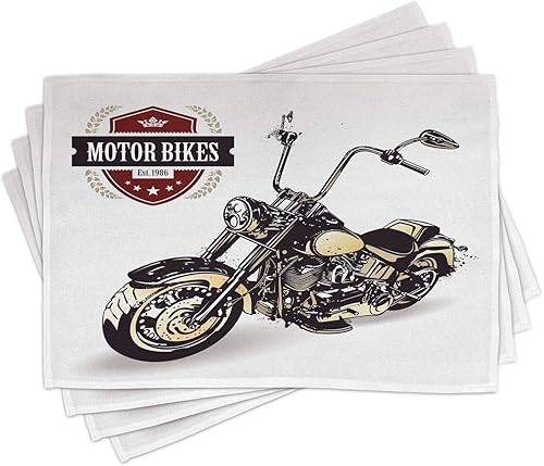 Miniatura 1 de Ambesonne Juego de 4 alfombrillas para motocicleta, Chopper personalizadas, con inscripción de club, hippie, estampado clásico retro, manteles