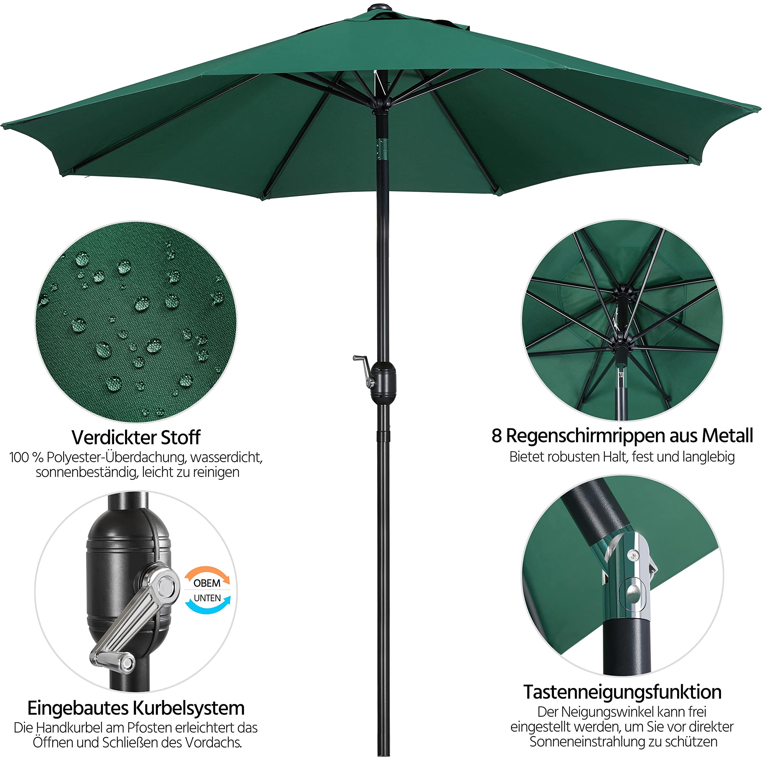 Yaheetech Okrągły parasol przeciwsłoneczny, na balkon, taras, 270 cm, składany, z korbą, ochrona przed promieniowaniem UV UPF 50+, ciemnozielony