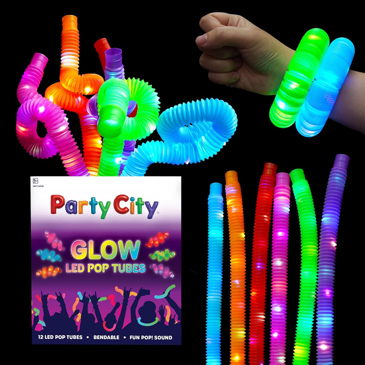 Party City 12pk LED Light Up Pop Tubes 25”- 3 Mode Stretchy Tubes LED Light Up Toys Bulk Glow Sticks Party Favors for Kids Necklaces Bracelets Neon Glow in the Dark Supplies Fidget Sensory Tube Pack 12 pcs Glow Pop Tubes