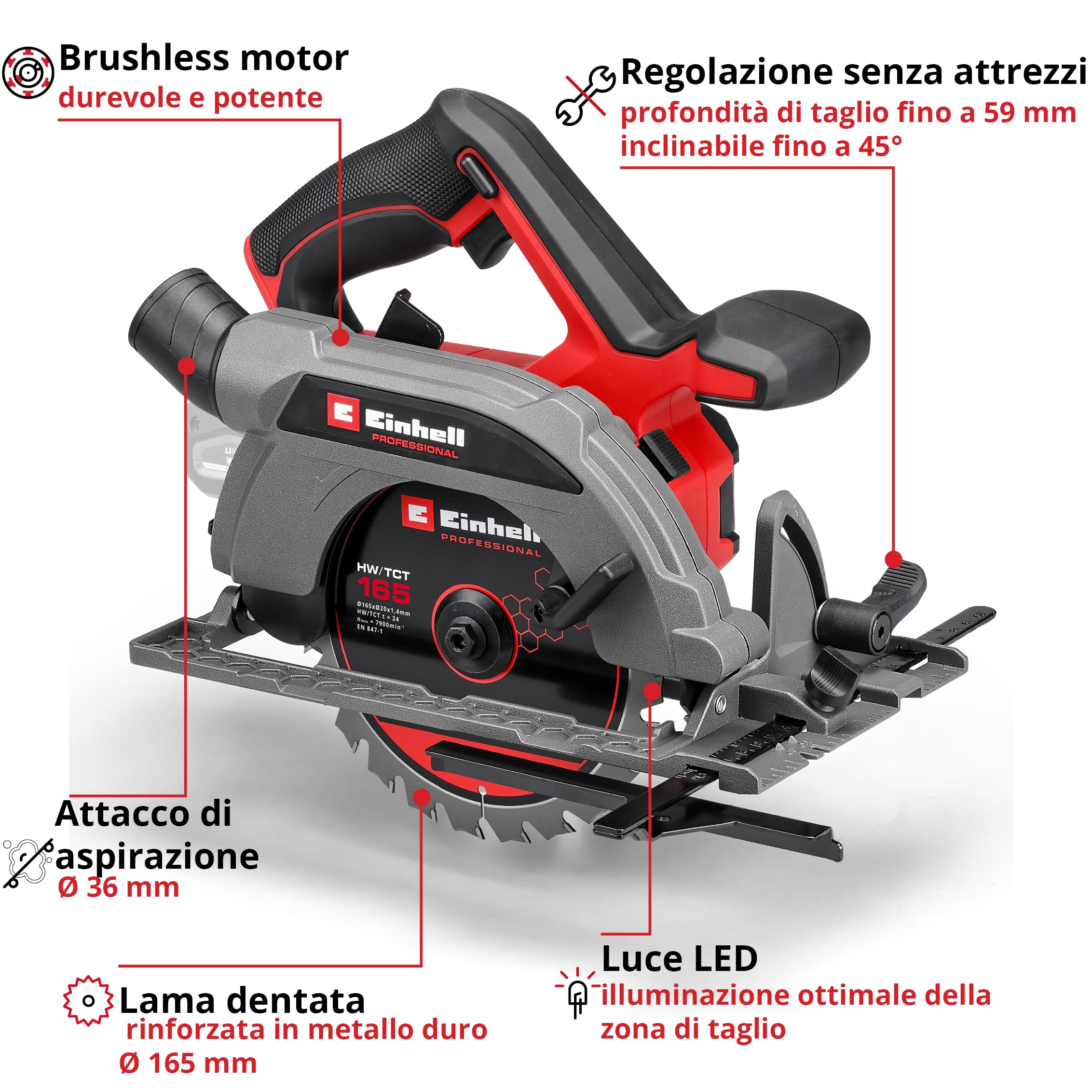 Einhell Professional Sega circolare manuale a batteria TP-CS 18/165 Li BL - Solo Power X-Change (18 V, Brushless, lama Ø 165 mm, regolazione dell'angolo di taglio senza attrezzi, senza batteria)